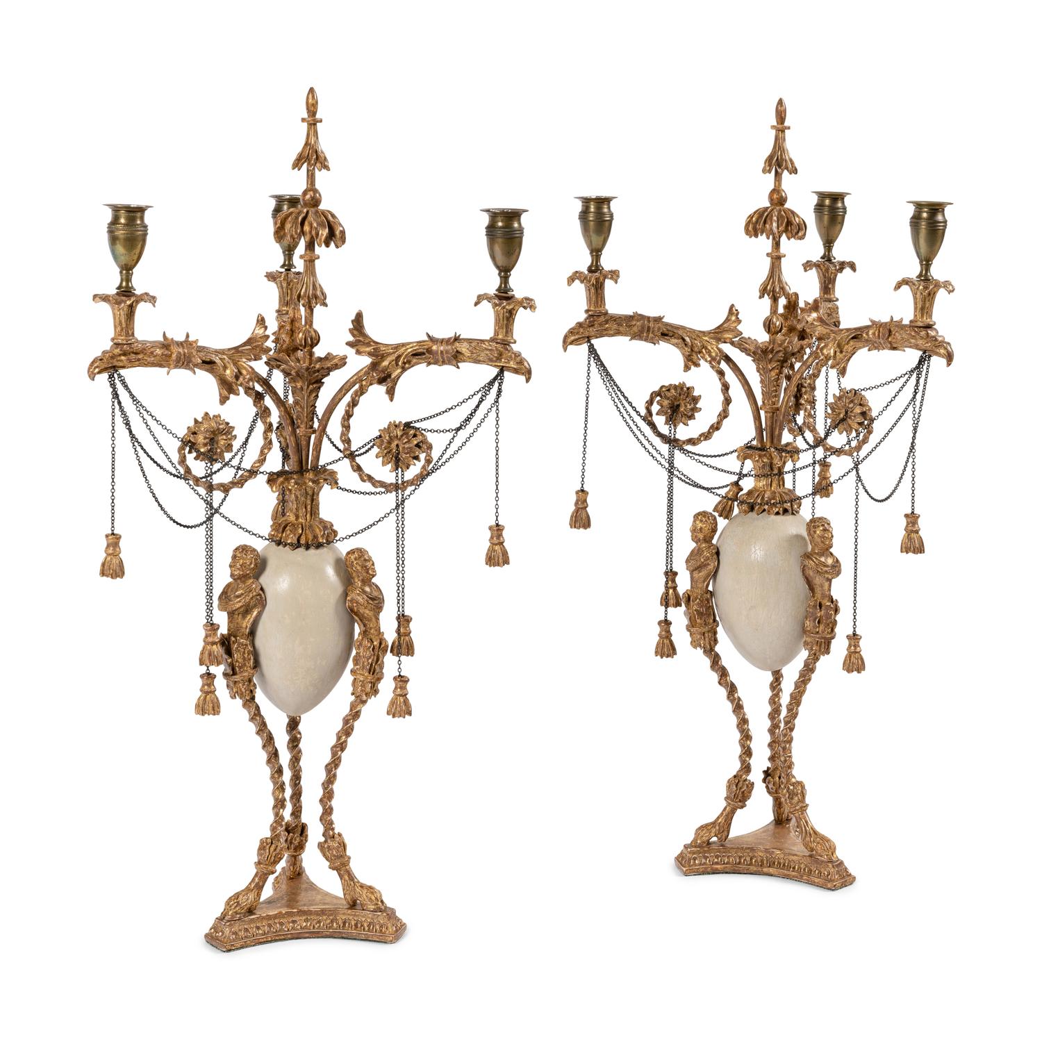 A Pair of Late George III 'Ostrich Egg' and Giltwood Three-Light Candelabra