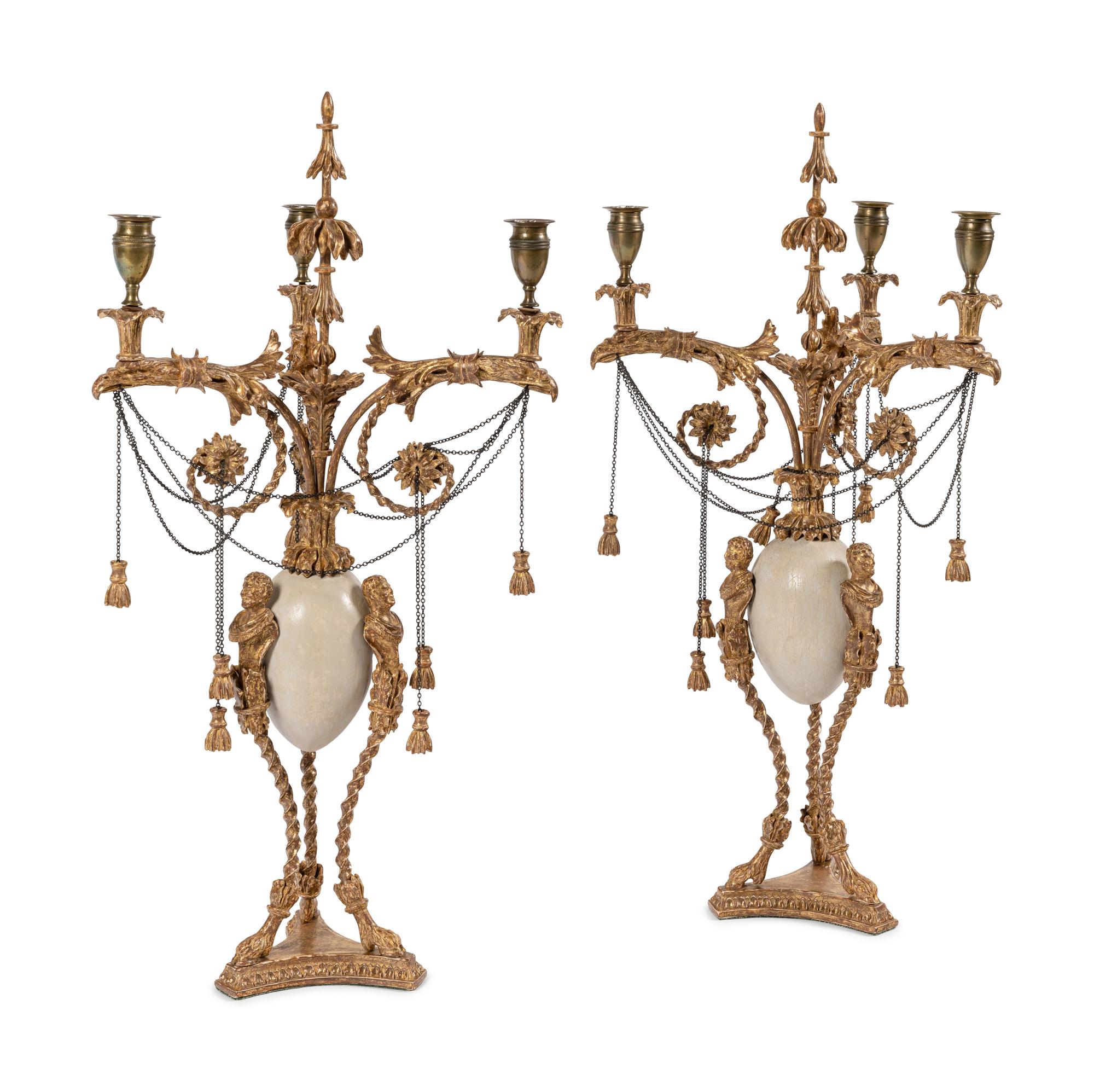A Pair of Late George III 'Ostrich Egg' and Giltwood Three-Light Candelabra