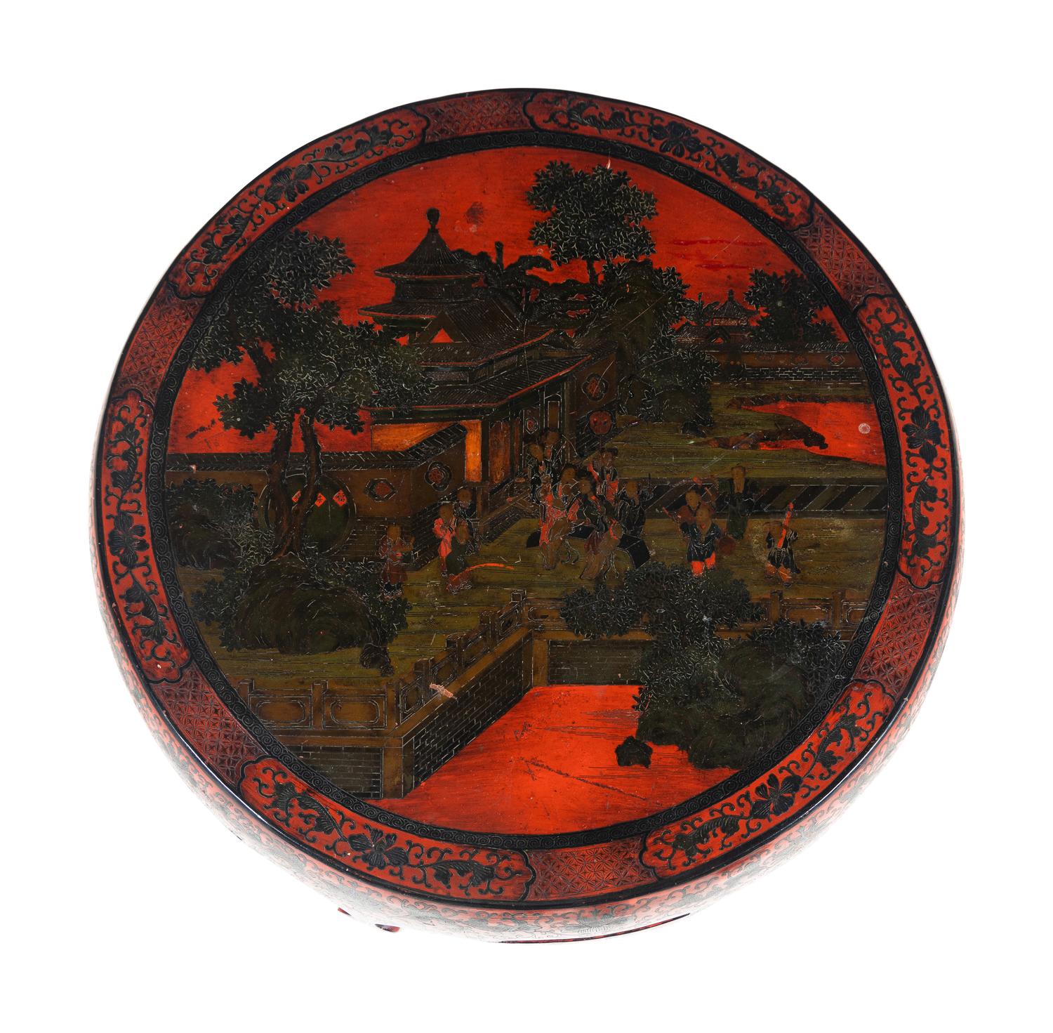A Large Chinese Painted Red Lacquered Wood Circular Low Table