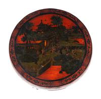 A Large Chinese Painted Red Lacquered Wood Circular Low Table