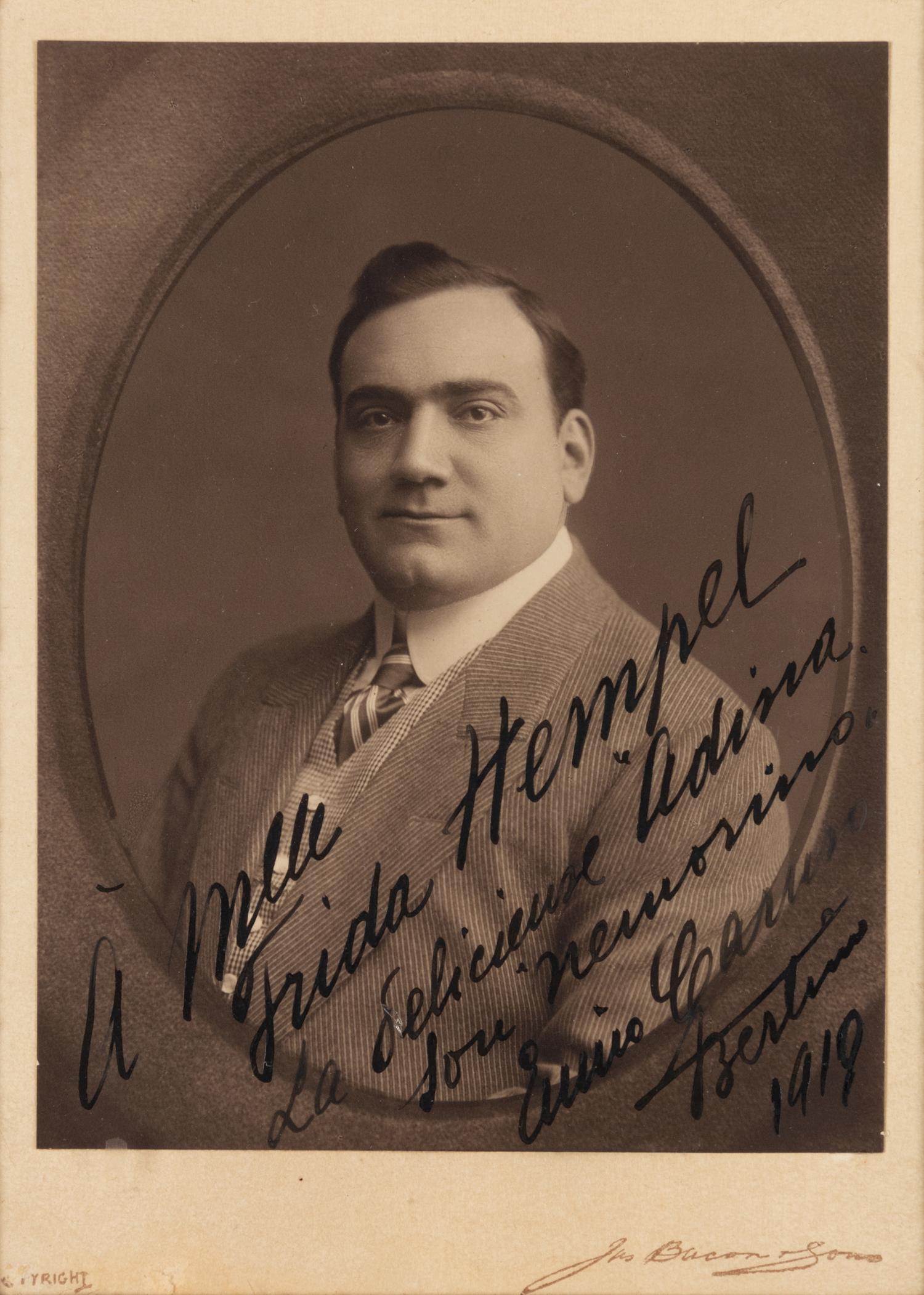 CARUSO, Enrico (1873-1921). Sepia cabinet card photograph, signed and inscribed ("Enrico Caruso Berlin 1910"), to Frida Hempel, by Jas Bacon and Sons.