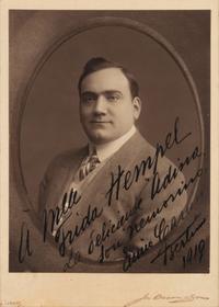 CARUSO, Enrico (1873-1921). Sepia cabinet card photograph, signed and inscribed ("Enrico Caruso Berlin 1910"), to Frida Hempel, by Jas Bacon and Sons.