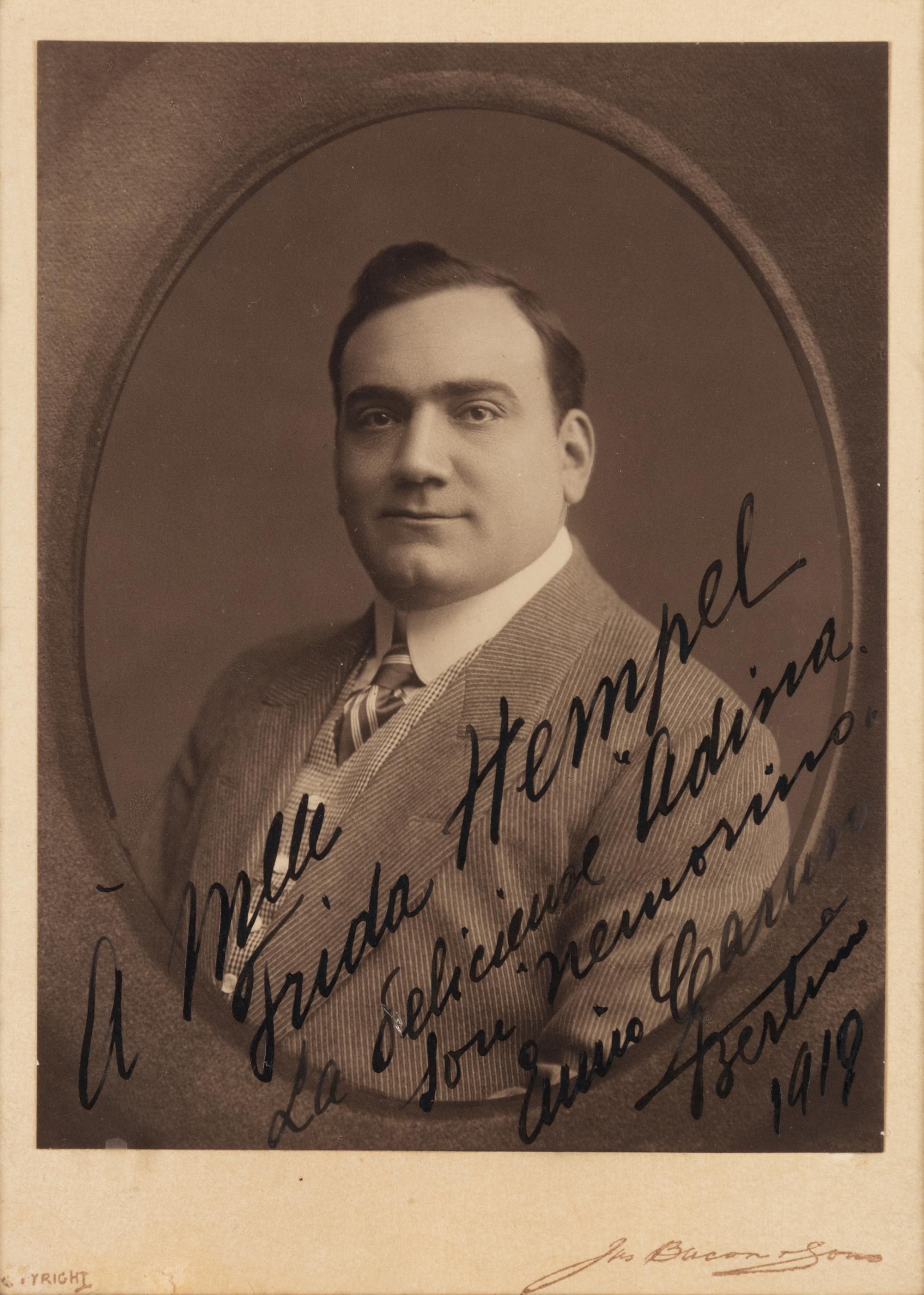 CARUSO, Enrico (1873-1921). Sepia cabinet card photograph, signed and inscribed ("Enrico Caruso Berlin 1910"), to Frida Hempel, by Jas Bacon and Sons.