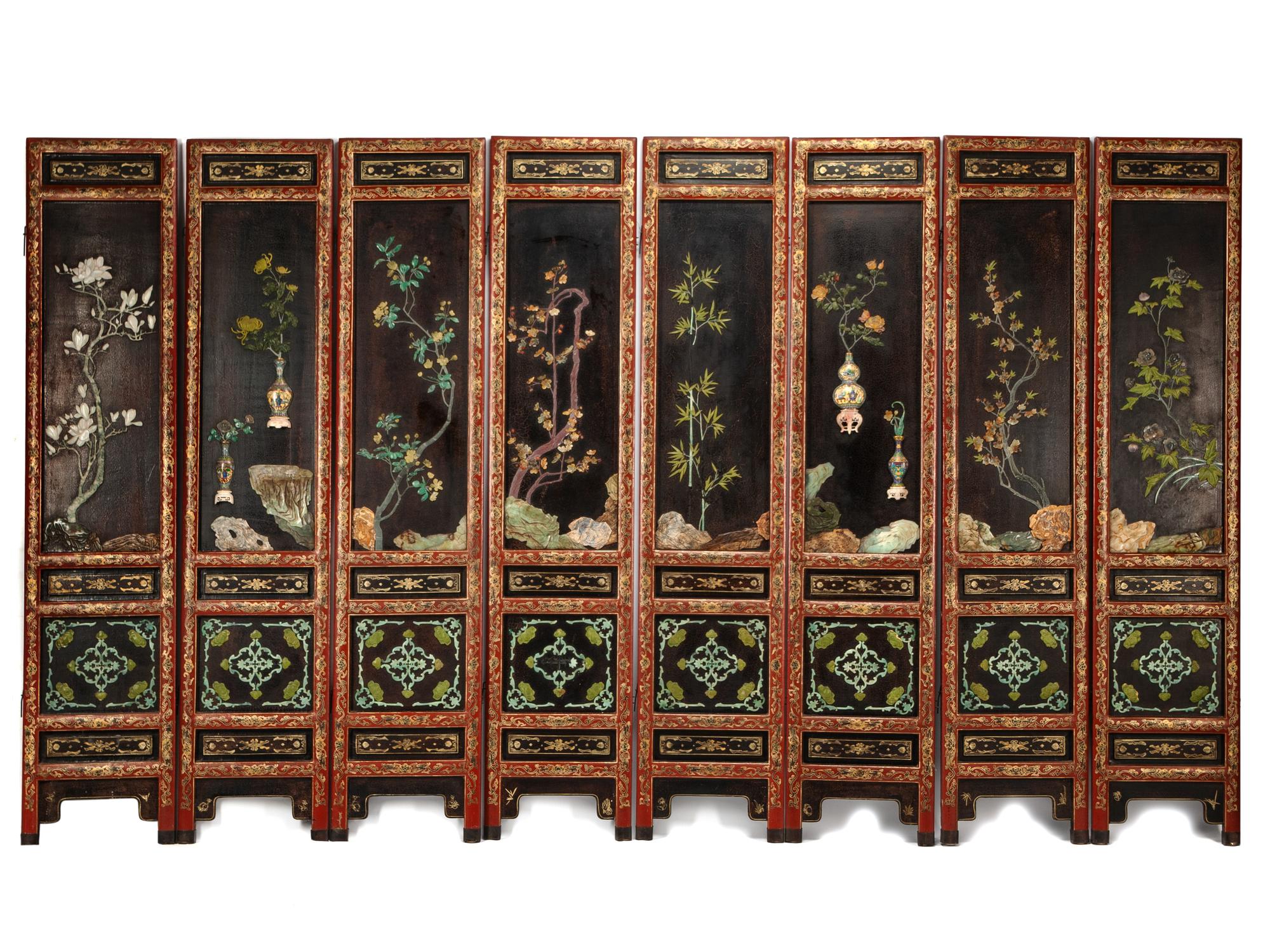 A Chinese Hardstone Inset Eight-Panel Screen