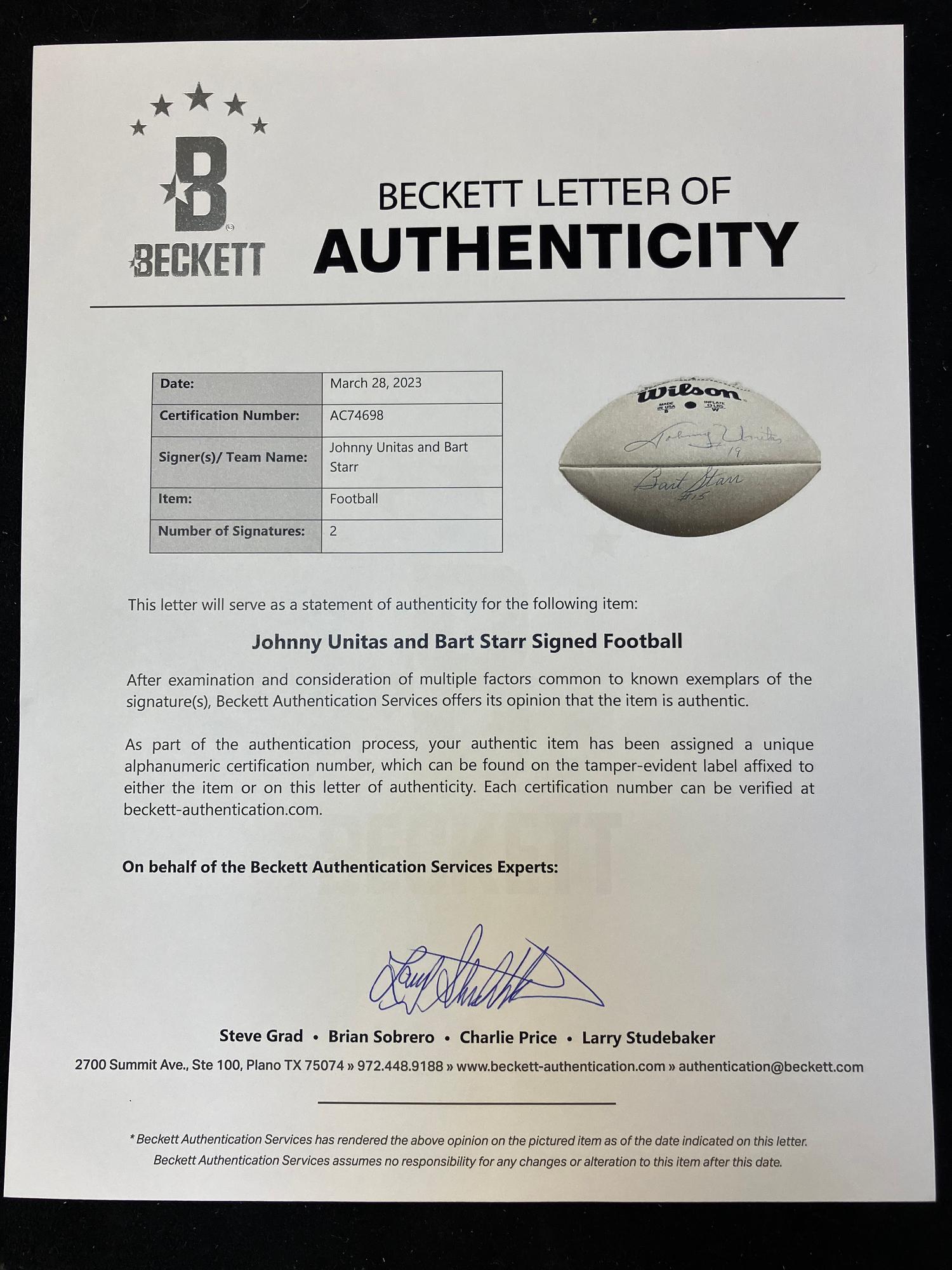 A Johnny Unitas / Bart Starr Dual Signed Autograph Football (Beckett Authentication Services Letter),