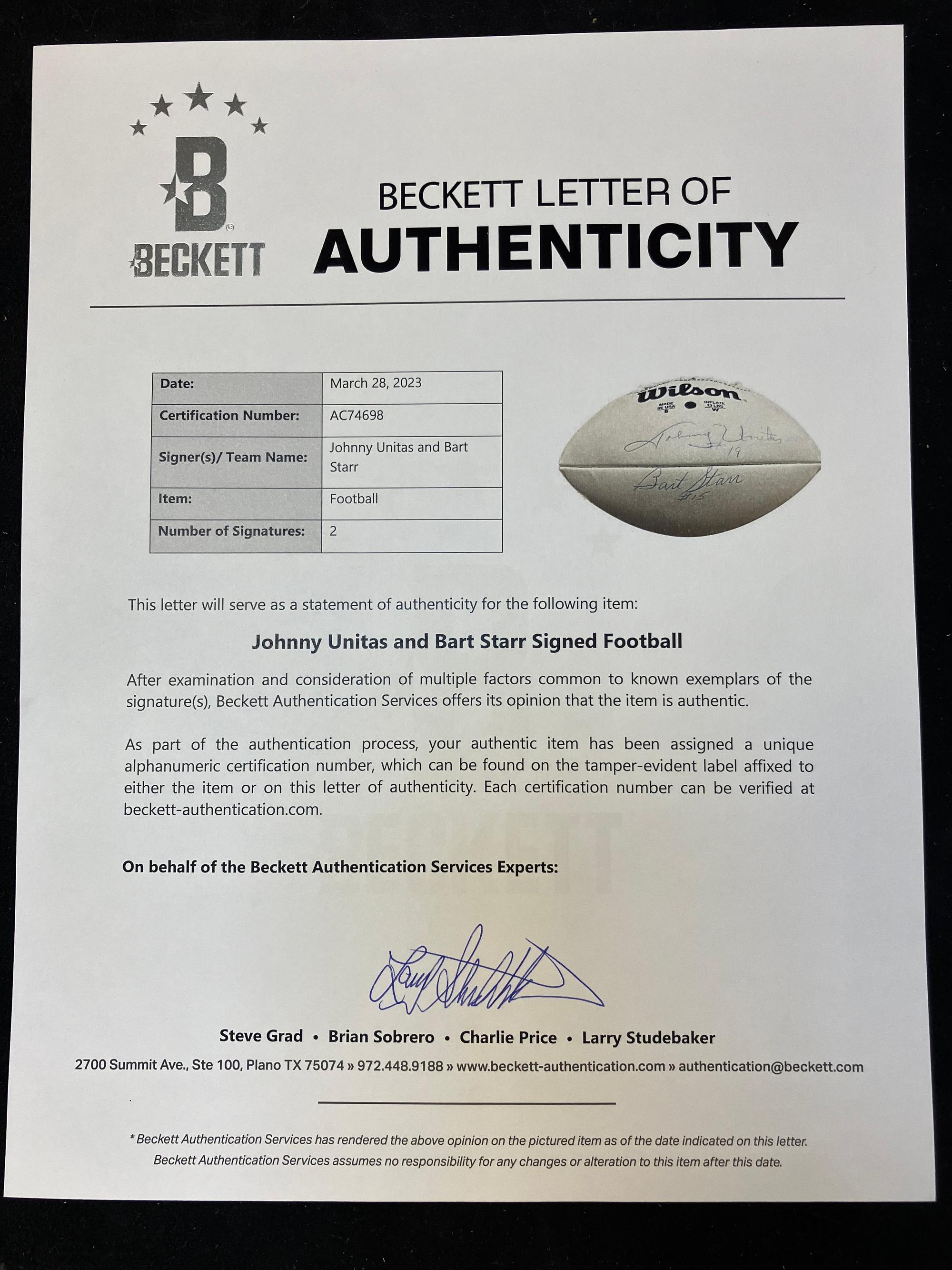 A Johnny Unitas / Bart Starr Dual Signed Autograph Football (Beckett Authentication Services Letter),