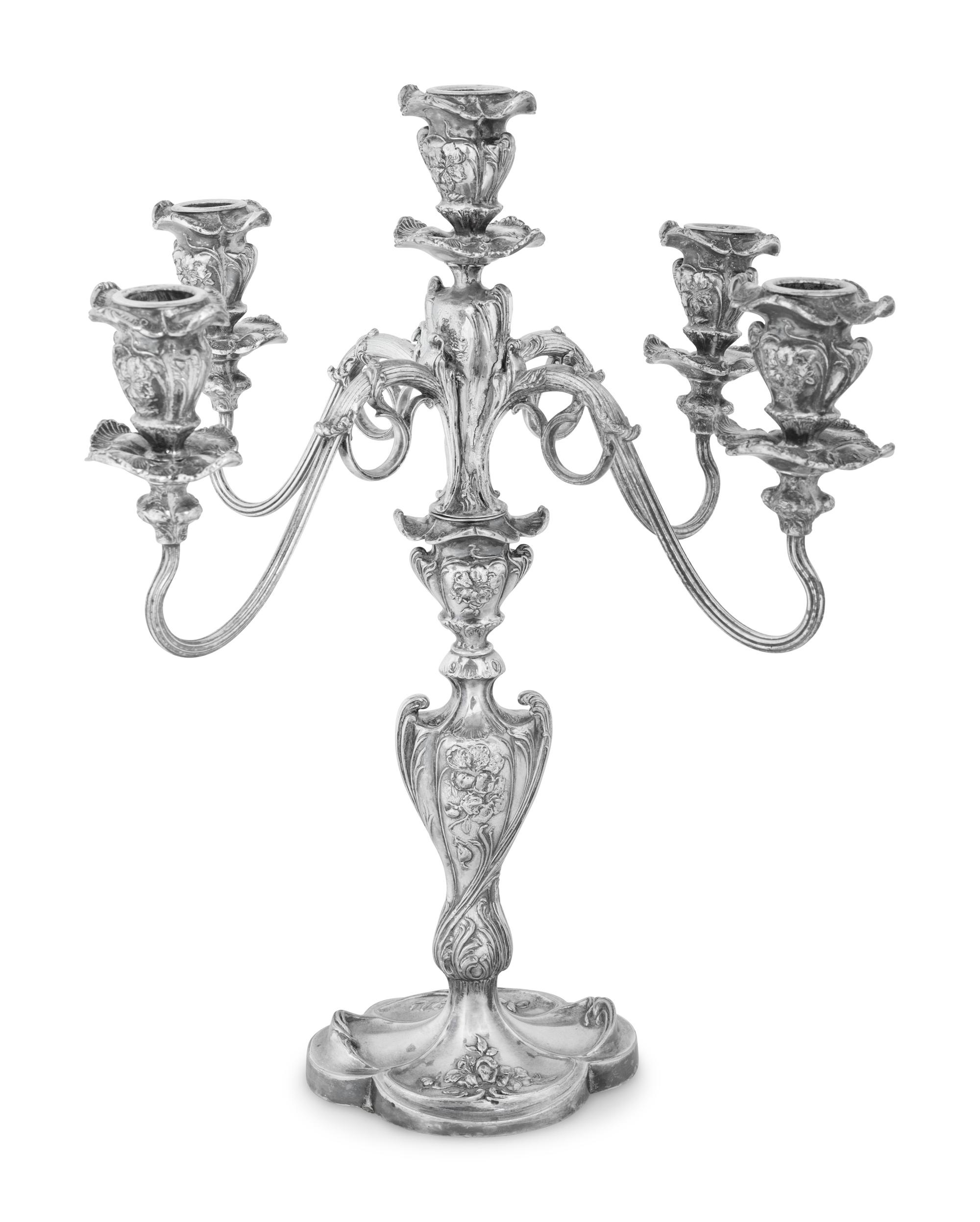 A Pair of Pairpoint Art Nouveau Silver-Plate Five-Light Candelabra