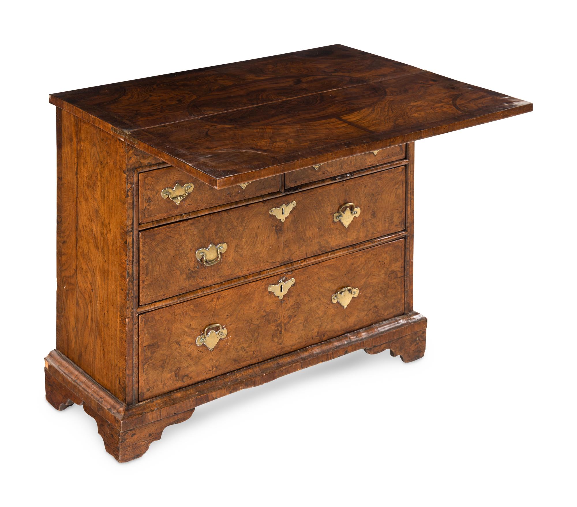 A Queen Anne Feather-Banded Burl Walnut Flip-Top Bachelor's Chest