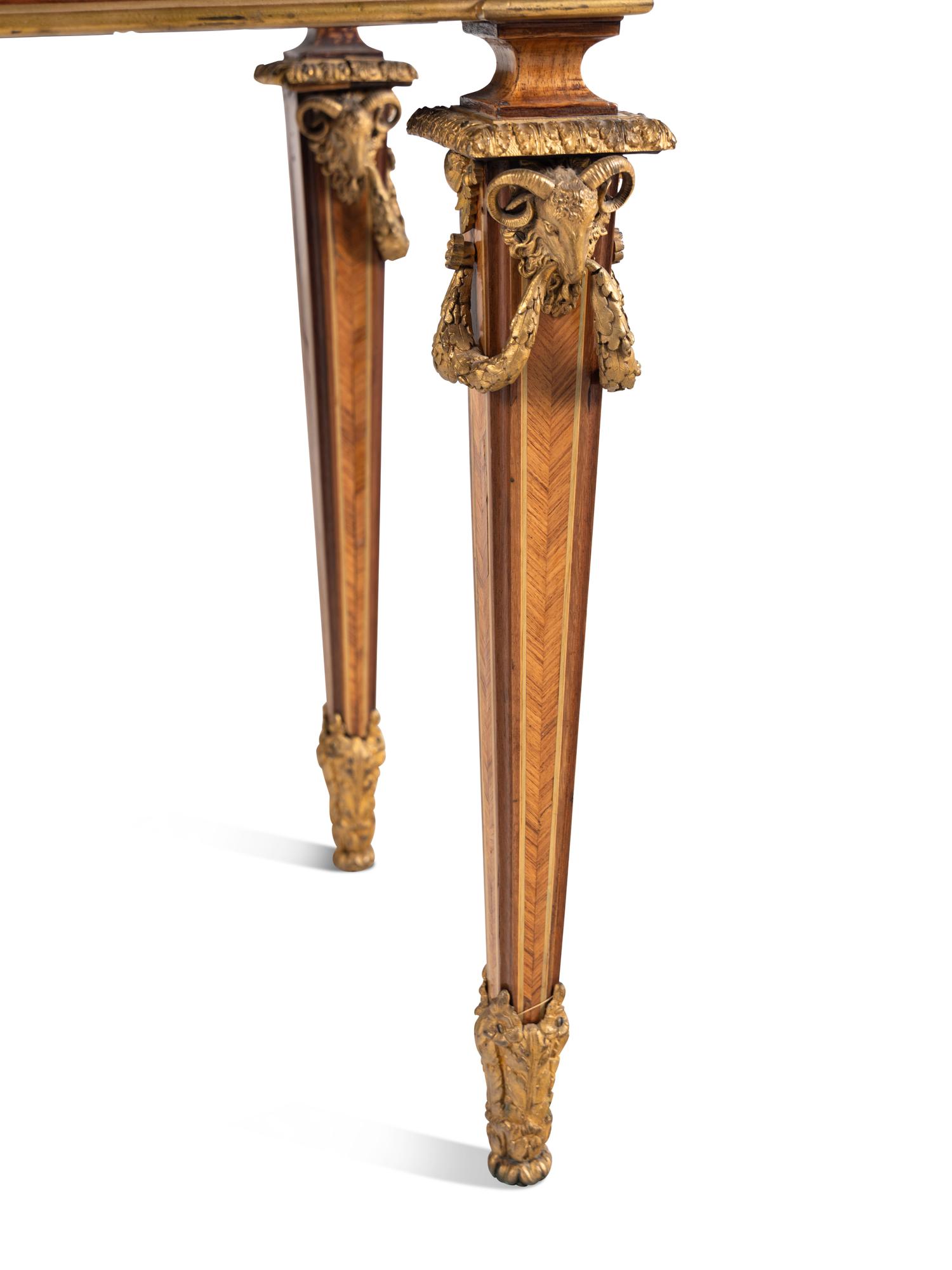 A Louis XVI Style Gilt Bronze Mounted Amaranth, Burr Maple and Kingwood Parquetry Marble-Top Bonheur du Jour