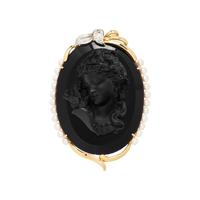 BLACK HARDSTONE, CULTURED PEARL AND DIAMOND CAMEO BROOCH
