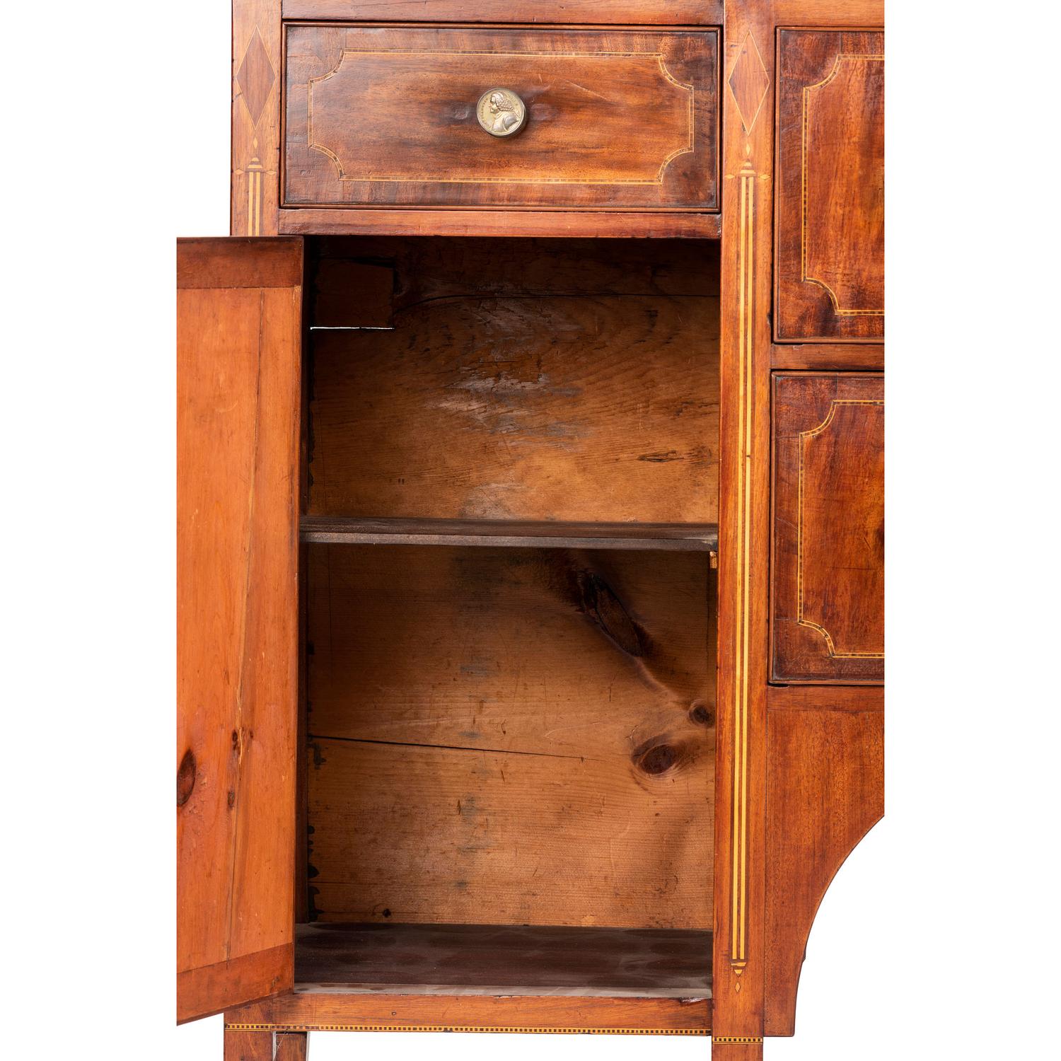 A Federal Parcel Gilt Mahogany, Holly and Ebony Breakfront Gentleman's Desk-and-Bookcase