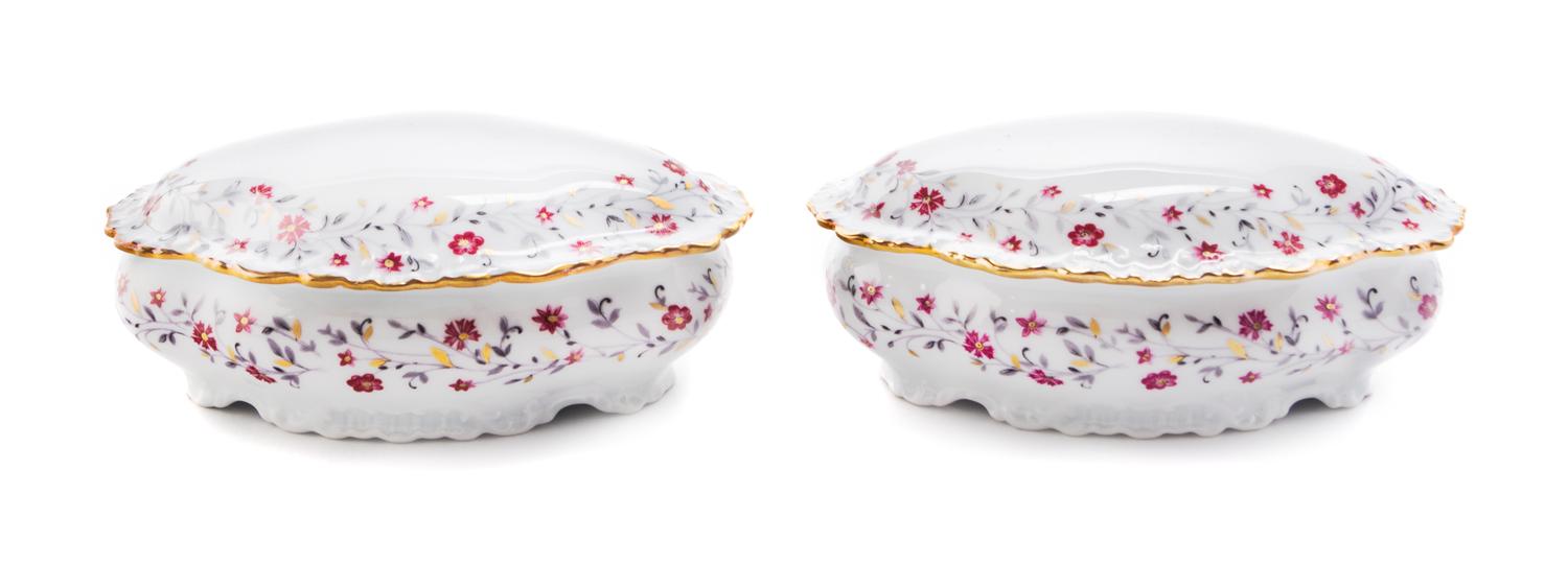 A Pair of Limoges Porcelain Boxes Width 6 1/2 inches.