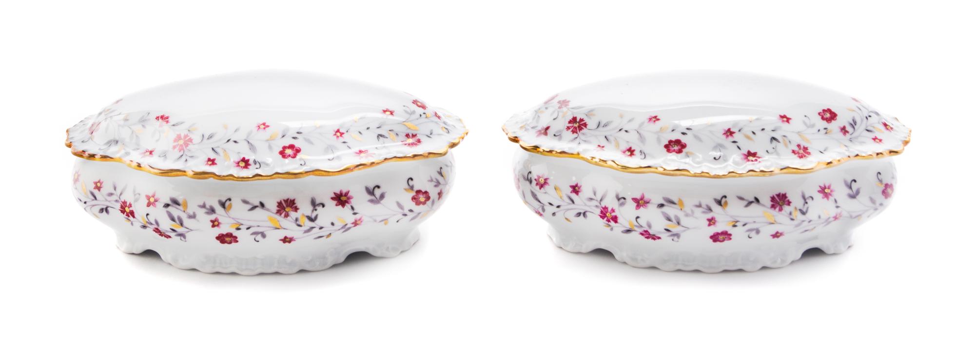 A Pair of Limoges Porcelain Boxes Width 6 1/2 inches.