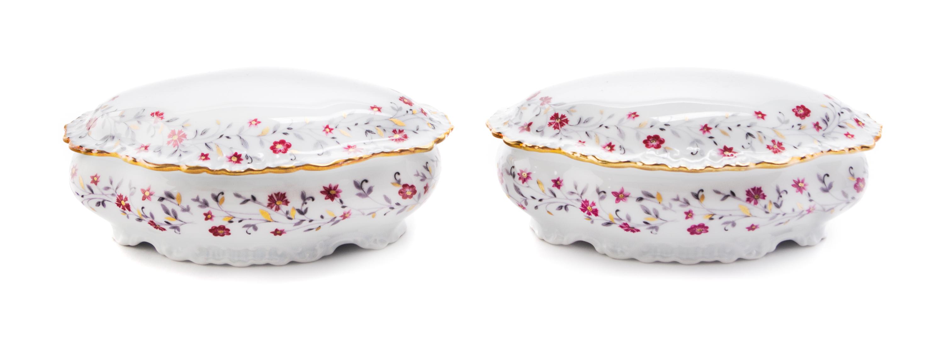 A Pair of Limoges Porcelain Boxes Width 6 1/2 inches.