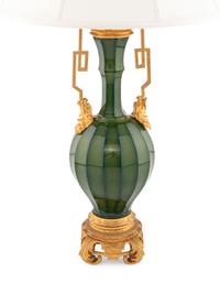A French Green Glass and Gilt Metal Table Lamp
