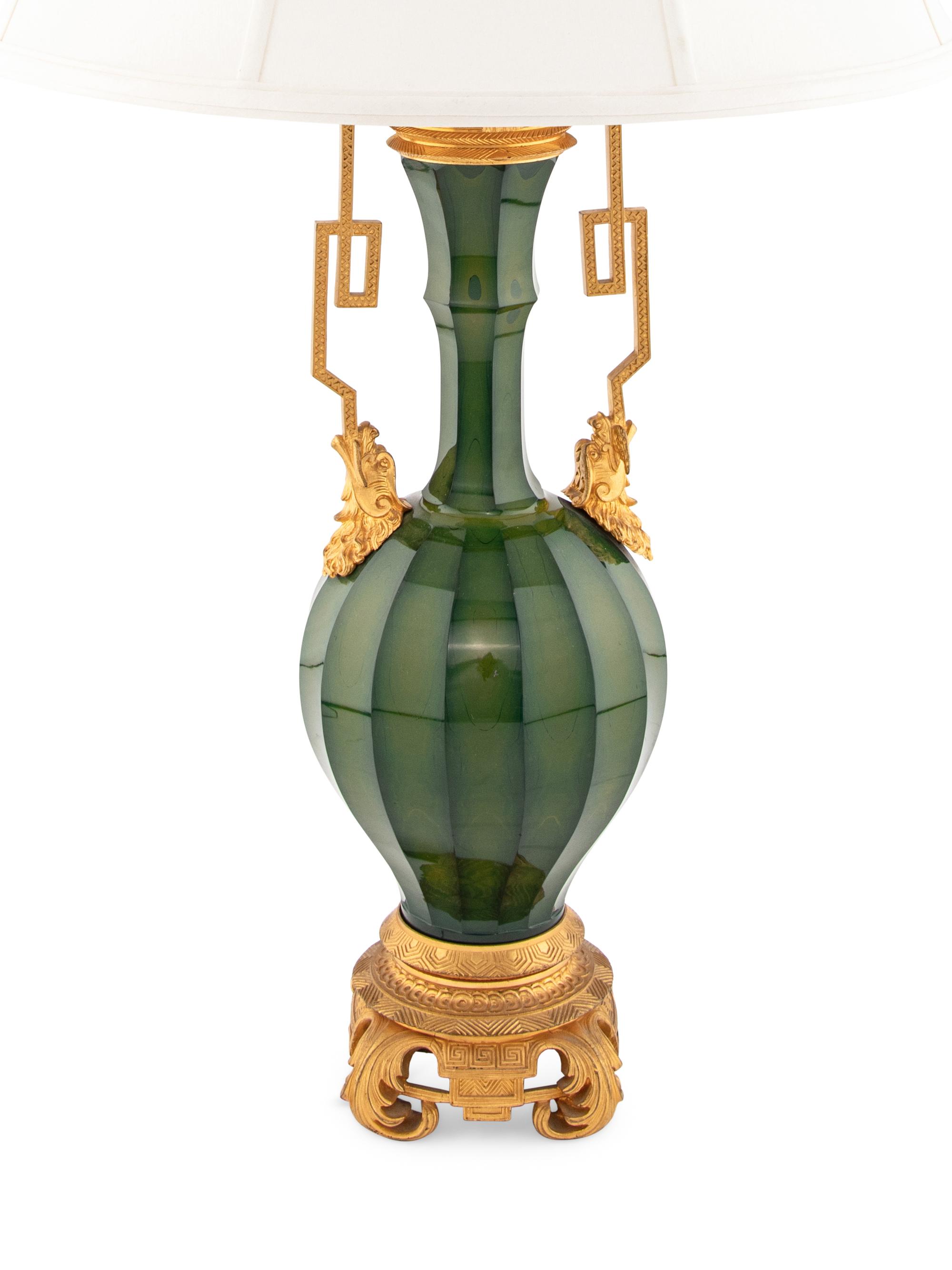 A French Green Glass and Gilt Metal Table Lamp