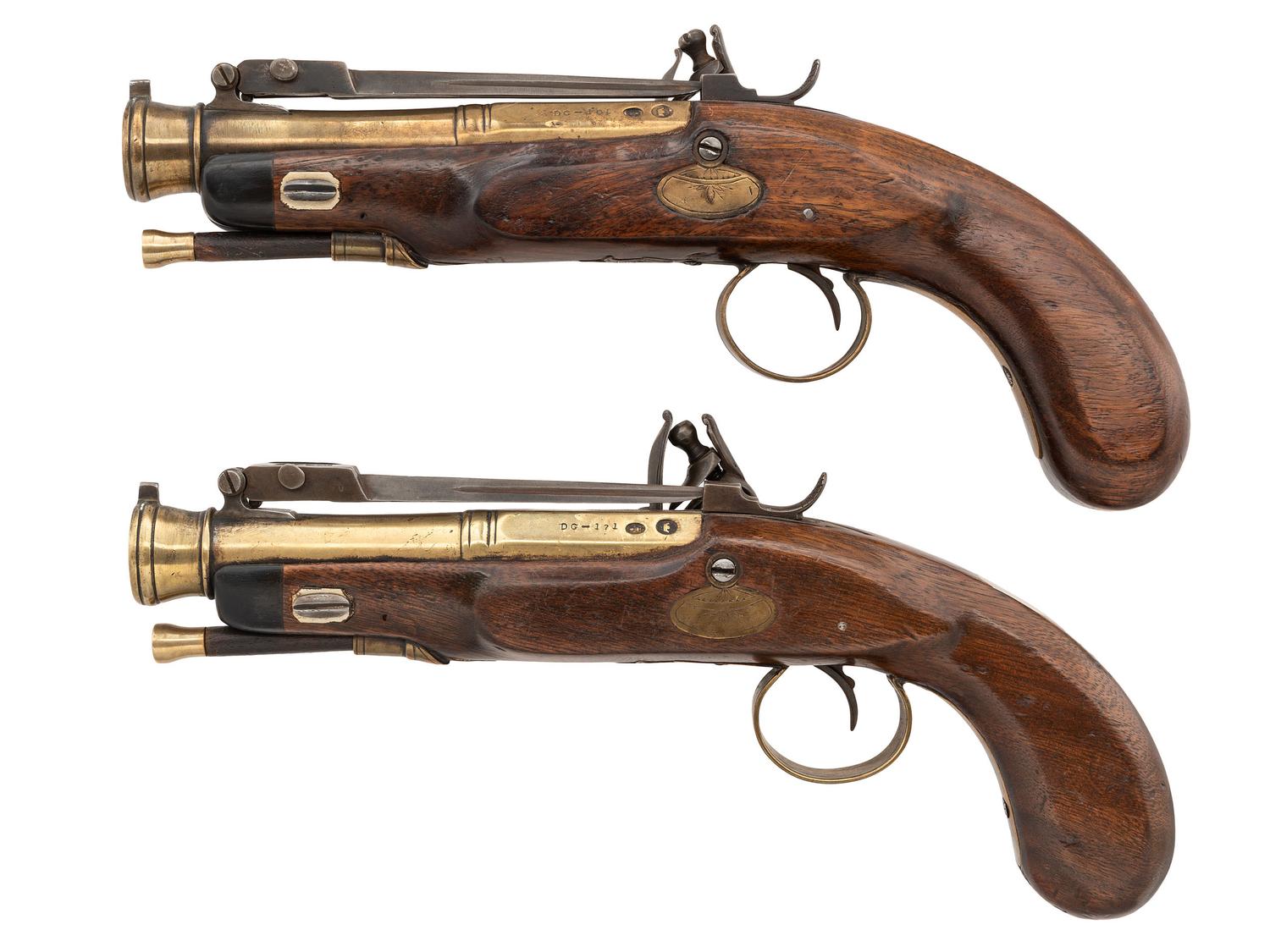 Pair of Brass Cannon Barreled Flintlock Snap Bayonet Pistols Marked H Cook