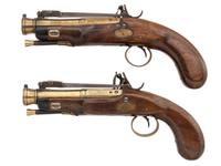 Pair of Brass Cannon Barreled Flintlock Snap Bayonet Pistols Marked H Cook
