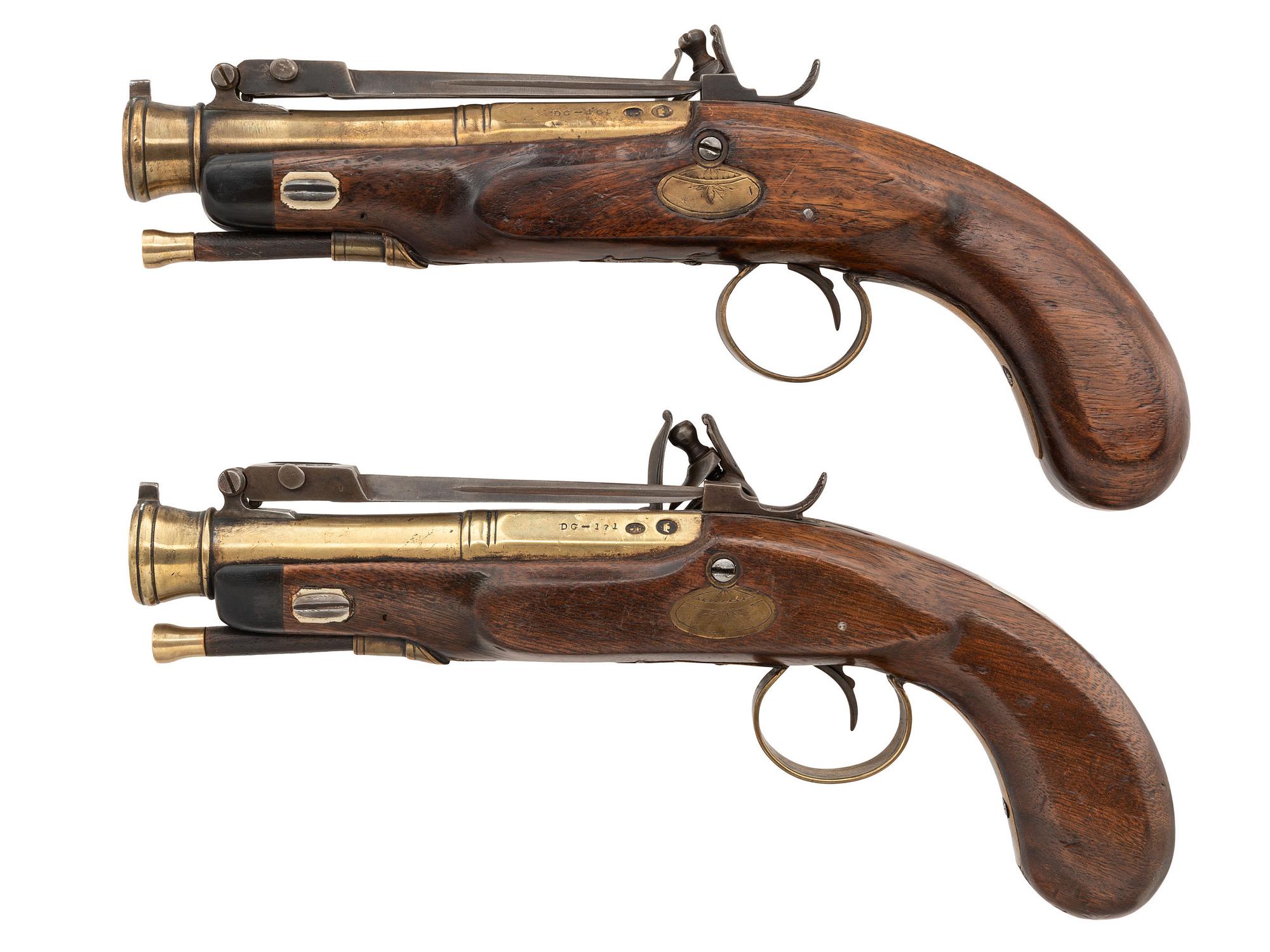 Pair of Brass Cannon Barreled Flintlock Snap Bayonet Pistols Marked H Cook