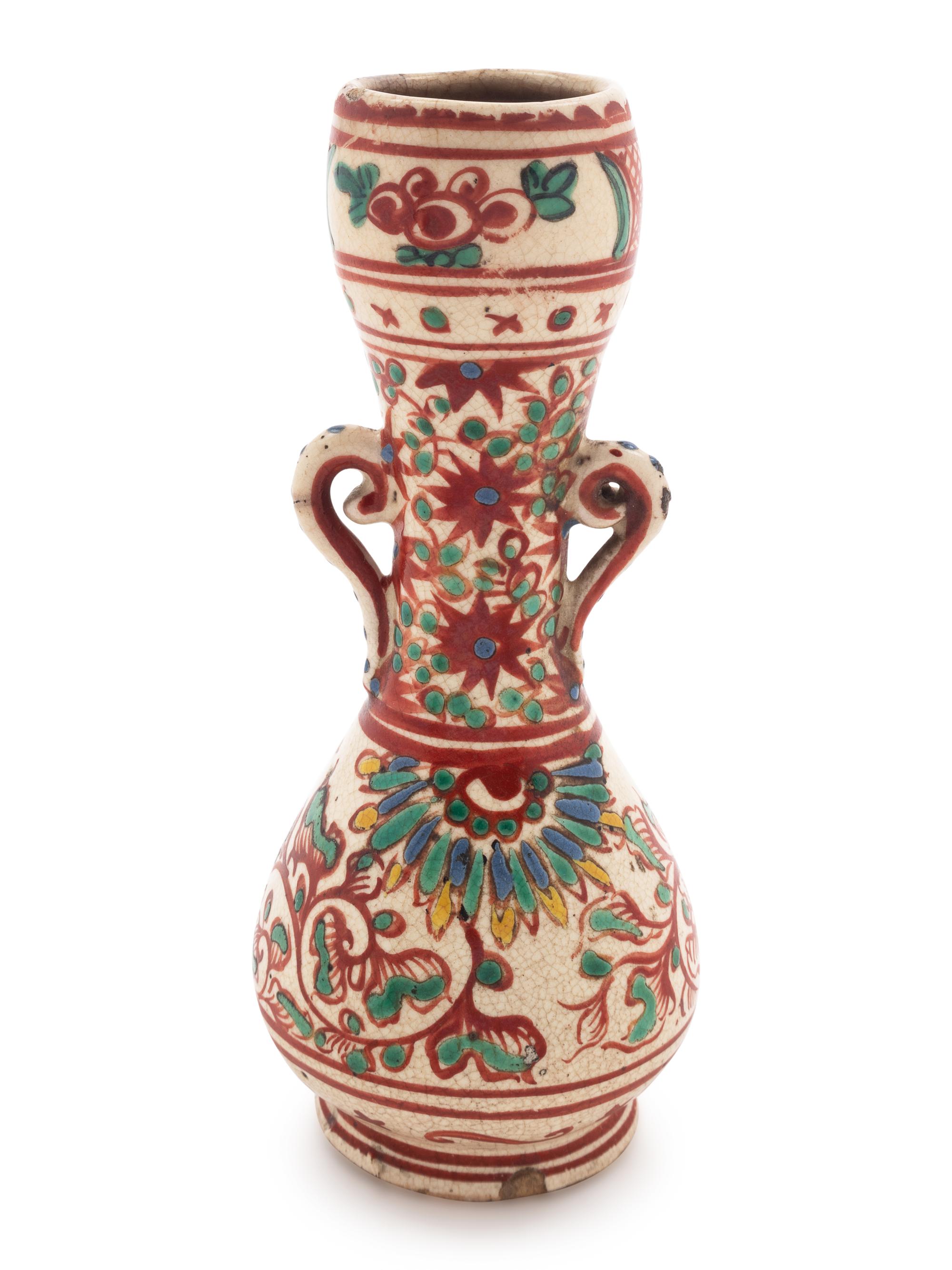 A Chinese Red, Green and Yellow Glazed Porcelain Double Handled Porcelain Vase