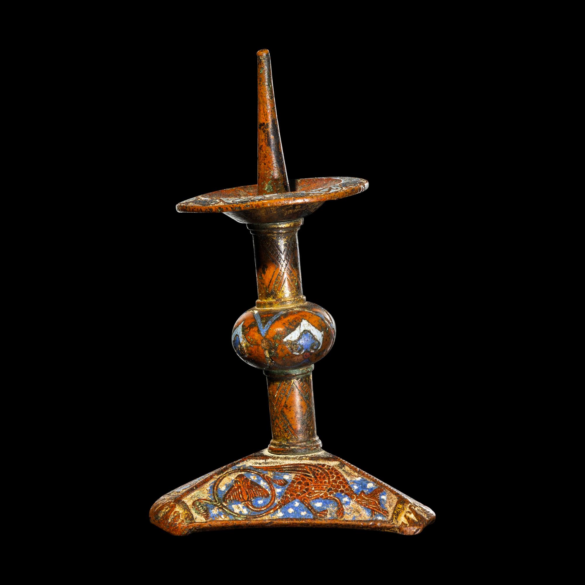 A Limoges Gilt-Copper and Champleve Enamel Candlestick