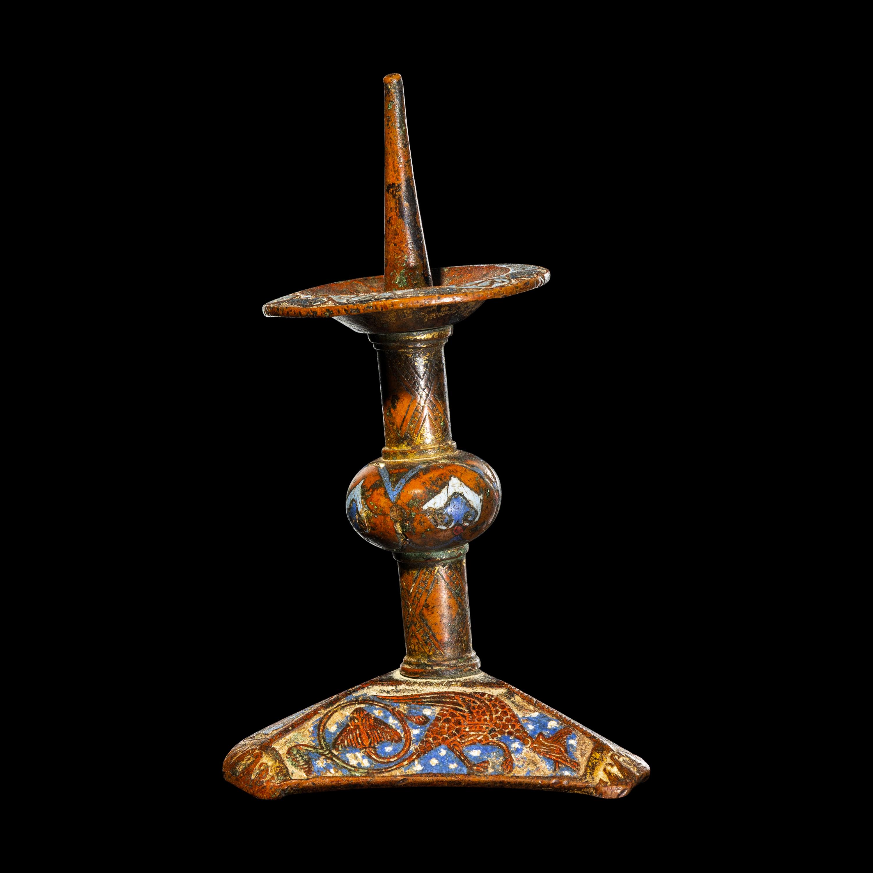 A Limoges Gilt-Copper and Champleve Enamel Candlestick