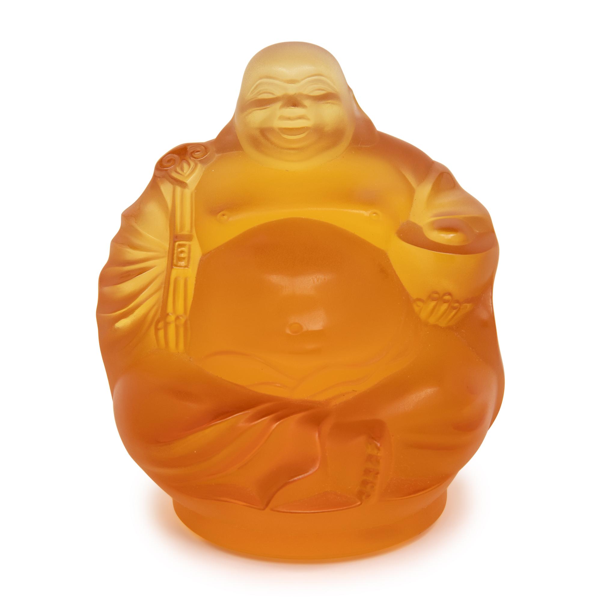 A Lalique Amber Glass Happy Buddha Figure