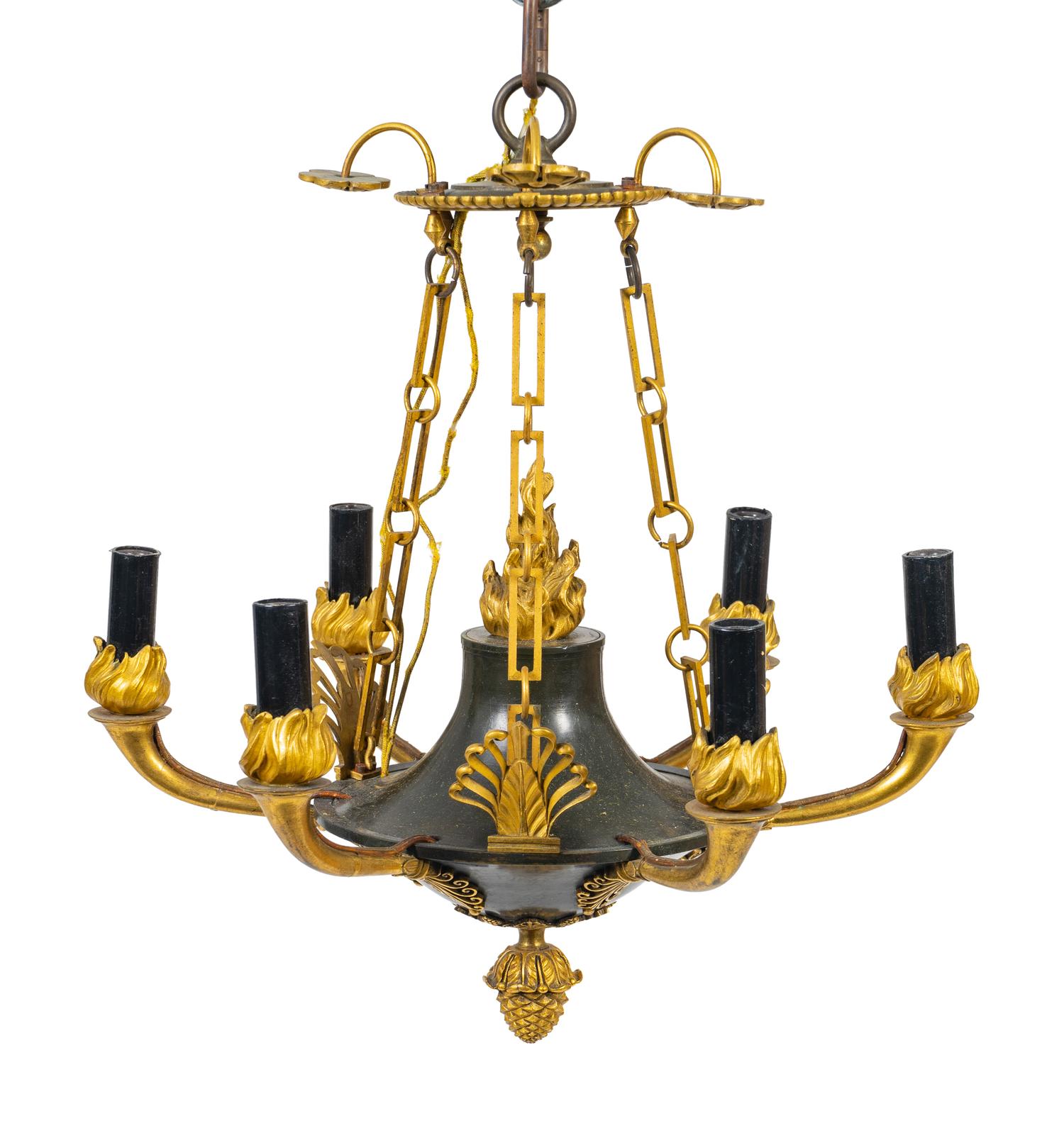 A Napoleon III Style Black Enamel and Gilt Metal Six-Light Chandelier