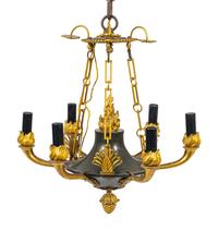 A Napoleon III Style Black Enamel and Gilt Metal Six-Light Chandelier