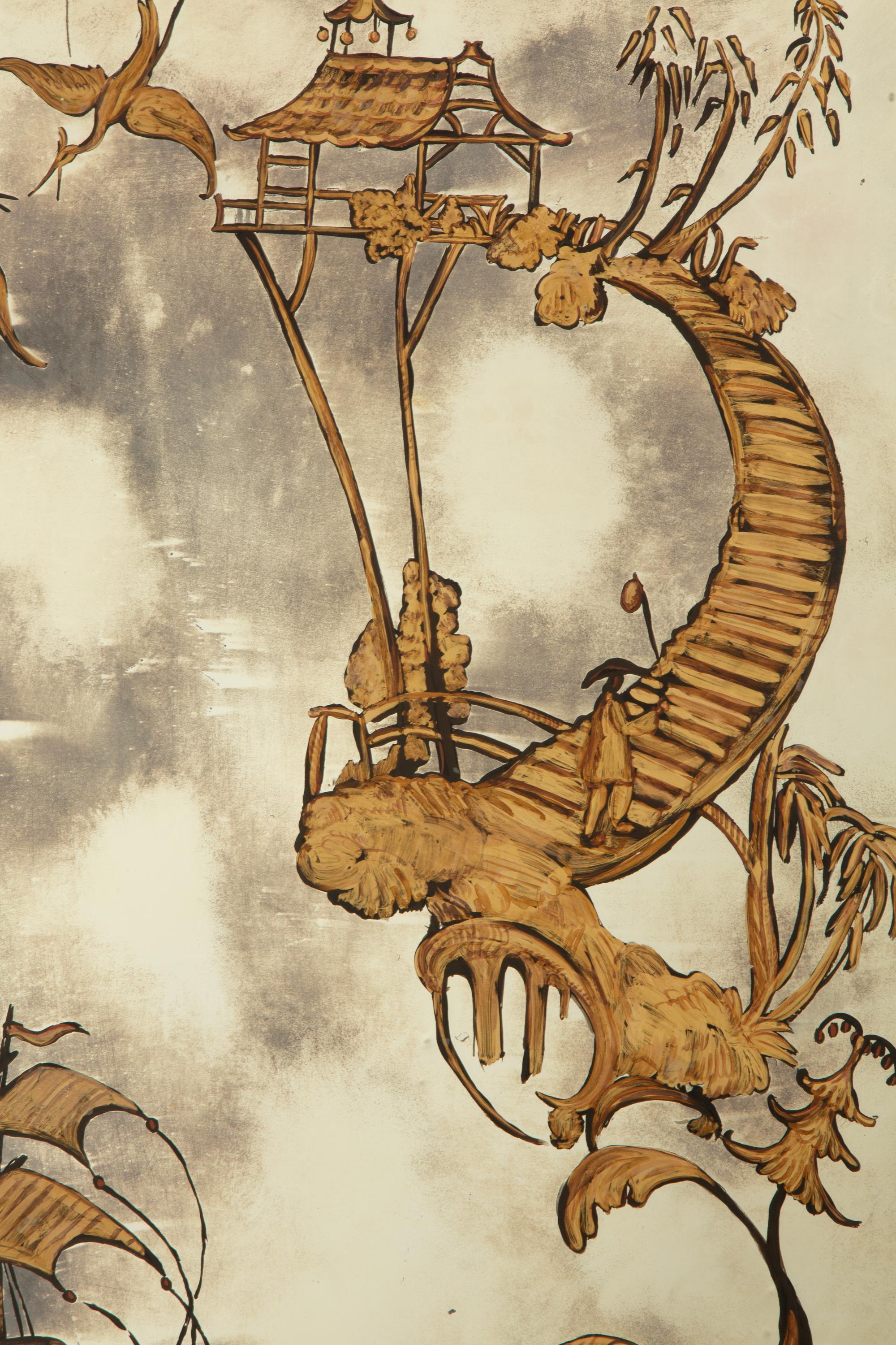 A Pair of Venetian Style Chinoiserie-Decorated Painted Glass Mirrors