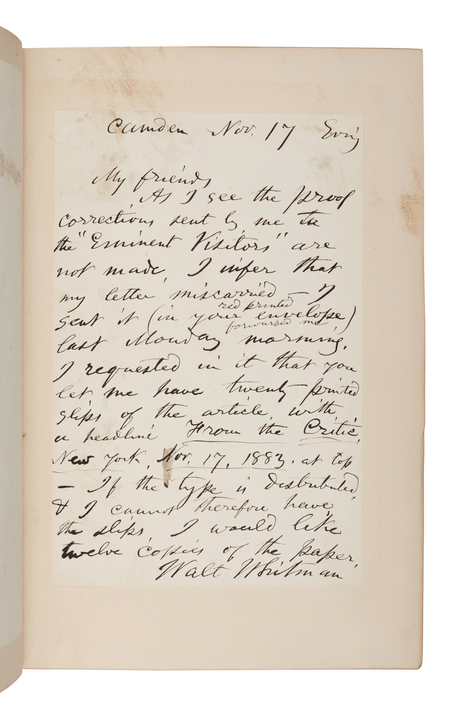 [BINDINGS]. WHITMAN, Walt (1819-1892). The Complete Writings . New York: G.P. Putnam's, 1902.