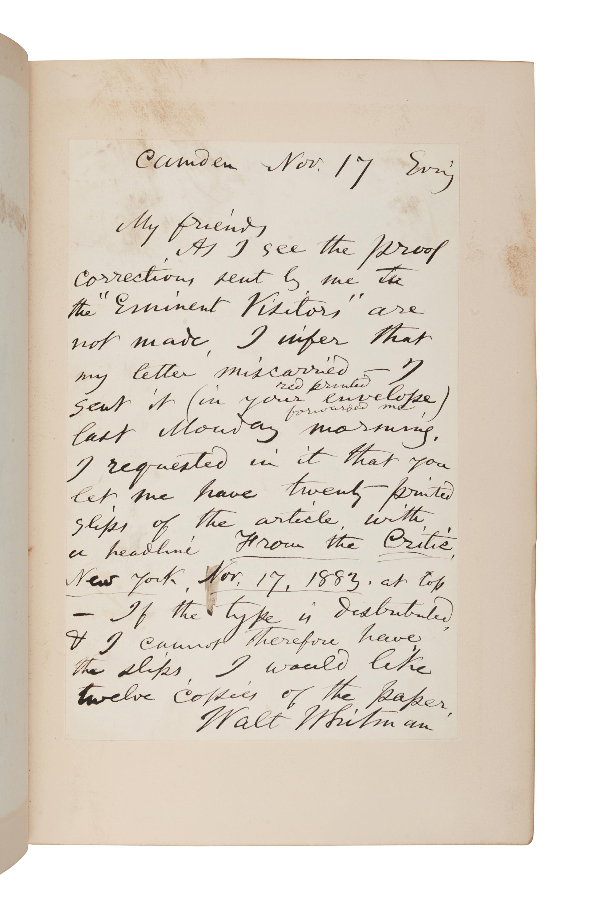 [BINDINGS]. WHITMAN, Walt (1819-1892). The Complete Writings . New York: G.P. Putnam's, 1902.