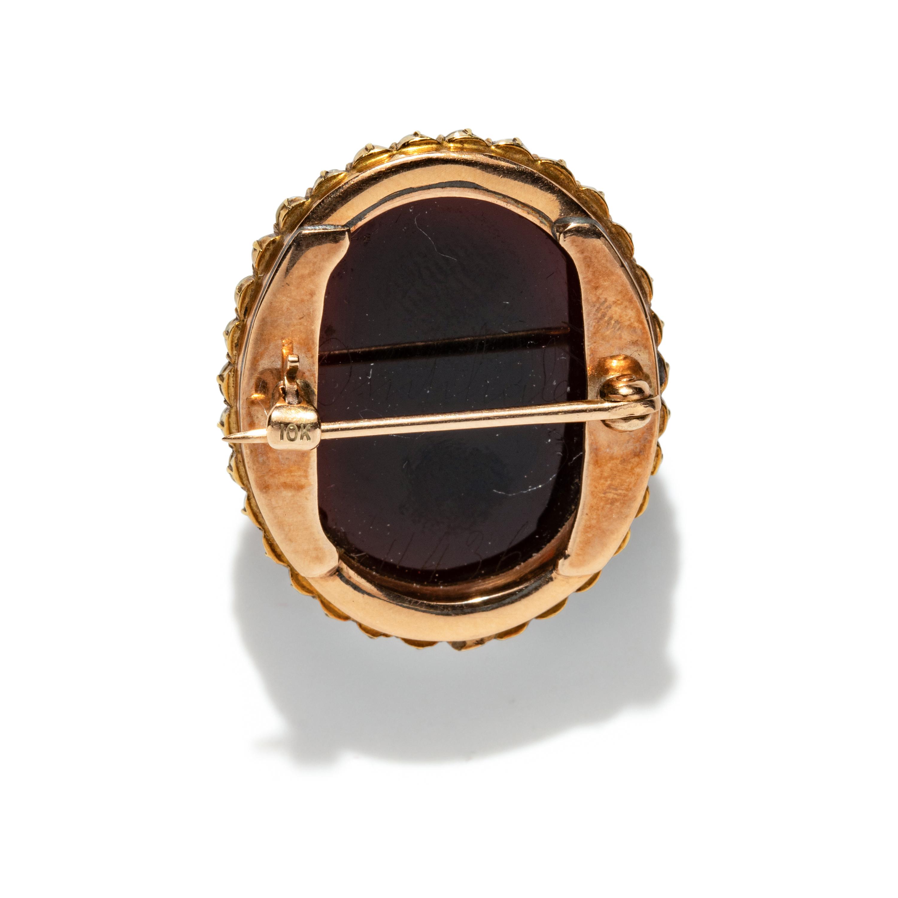 A Neoclassical Gold, Pearl, and Sardonyx Cameo Brooch with the Queen Omphale as Hercules