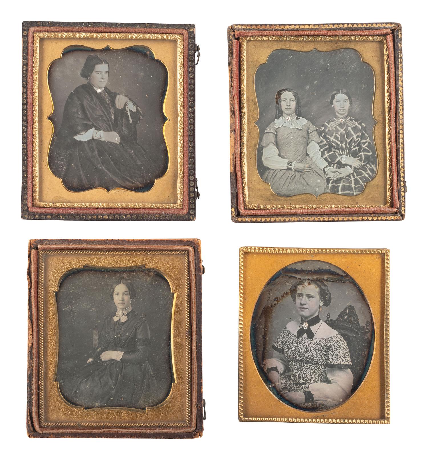 [EARLY PHOTOGRAPHY]. A group of daguerreotypes featuring women with embellished jewelry and accessories, including: