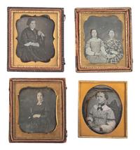 [EARLY PHOTOGRAPHY]. A group of daguerreotypes featuring women with embellished jewelry and accessories, including: