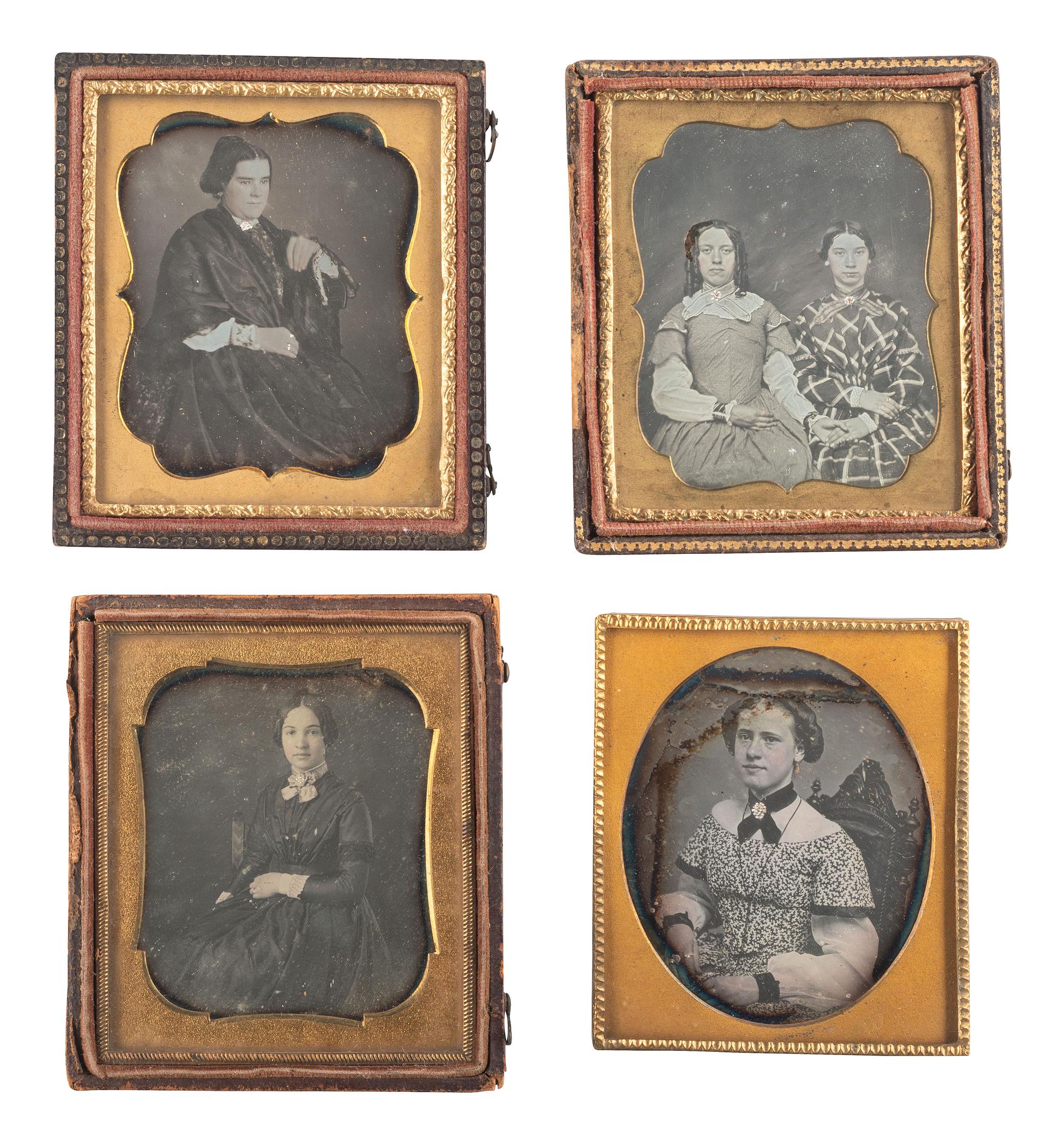 [EARLY PHOTOGRAPHY]. A group of daguerreotypes featuring women with embellished jewelry and accessories, including: