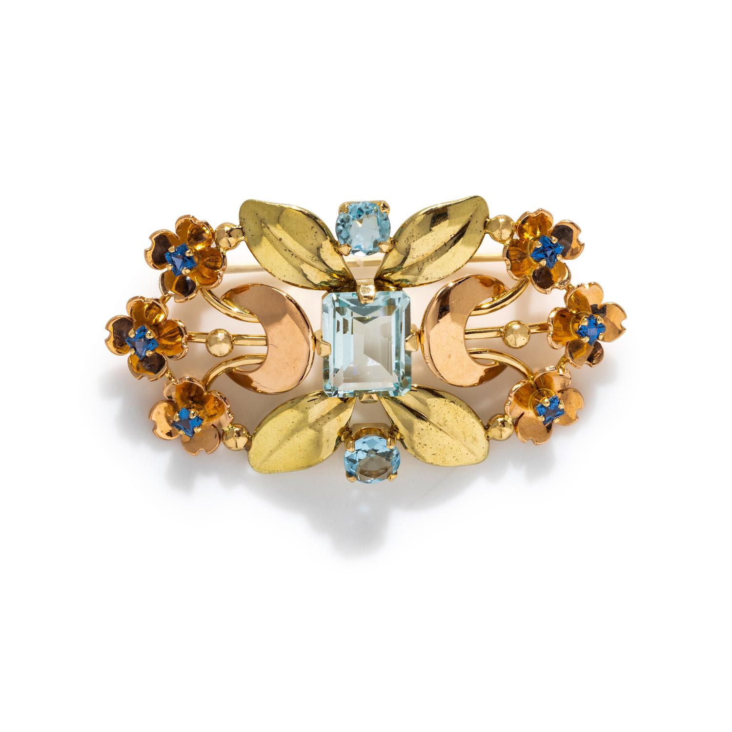 RETRO, BICOLOR GOLD AND MULTIGEM BROOCH