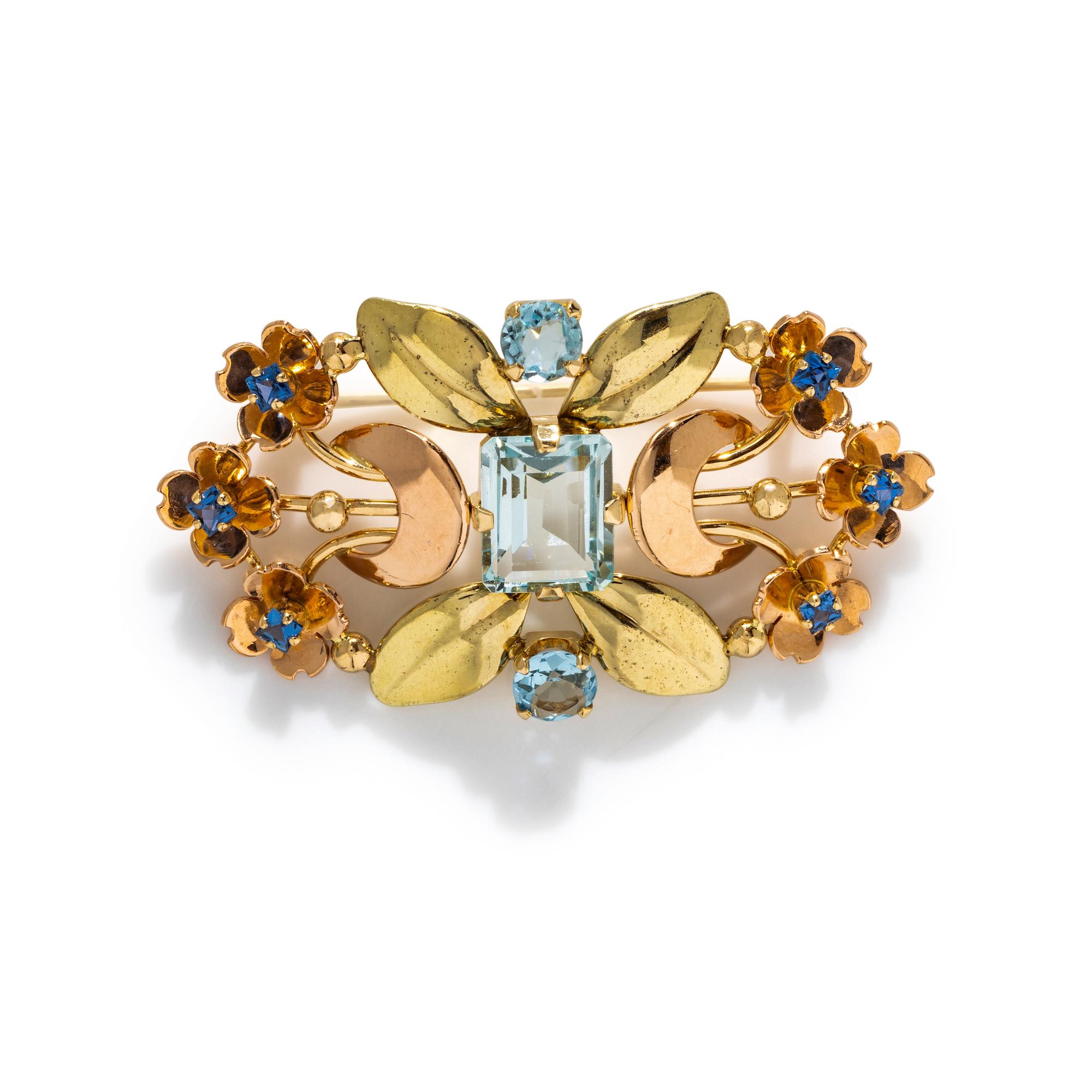 RETRO, BICOLOR GOLD AND MULTIGEM BROOCH