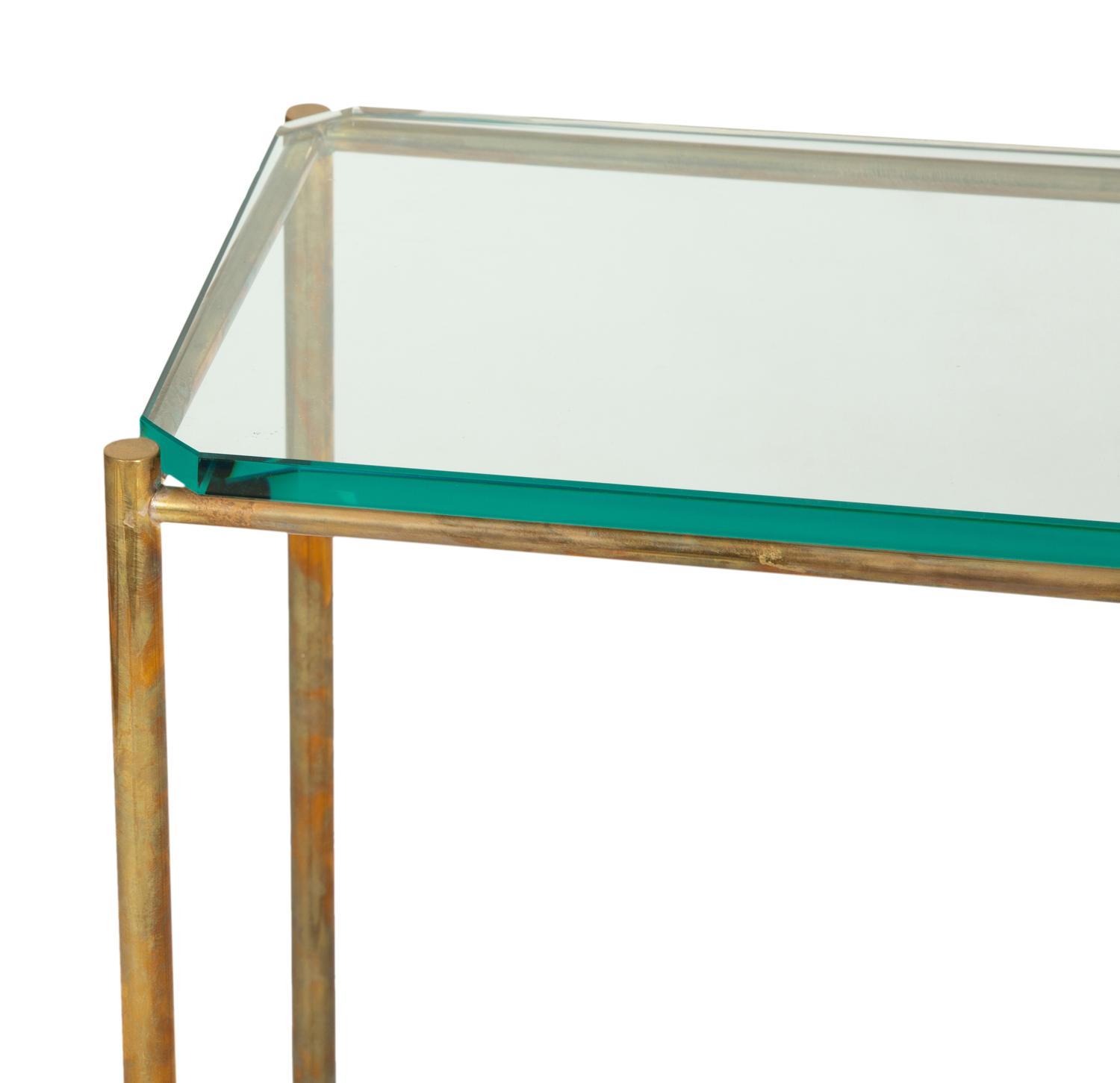 A Pair of Neoclassical Style Brass Console Tables with Glass Tops