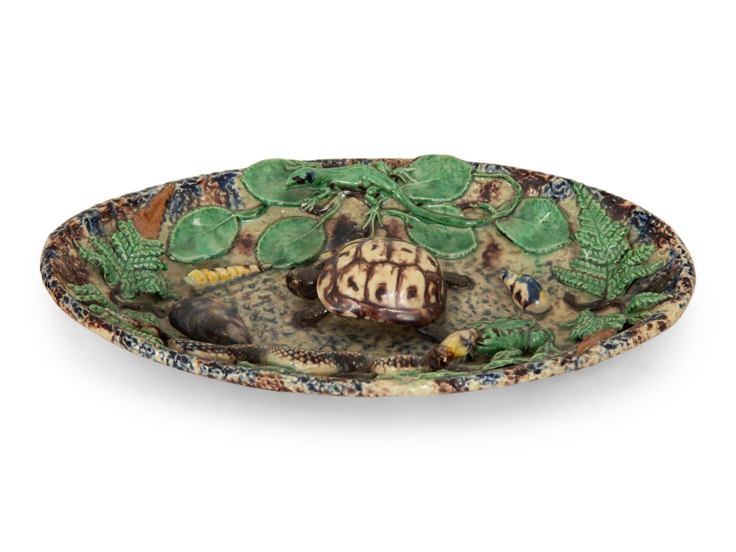 A Small Majolica Oval Dish in the Style of Palissy Together with Two Majolica Articles