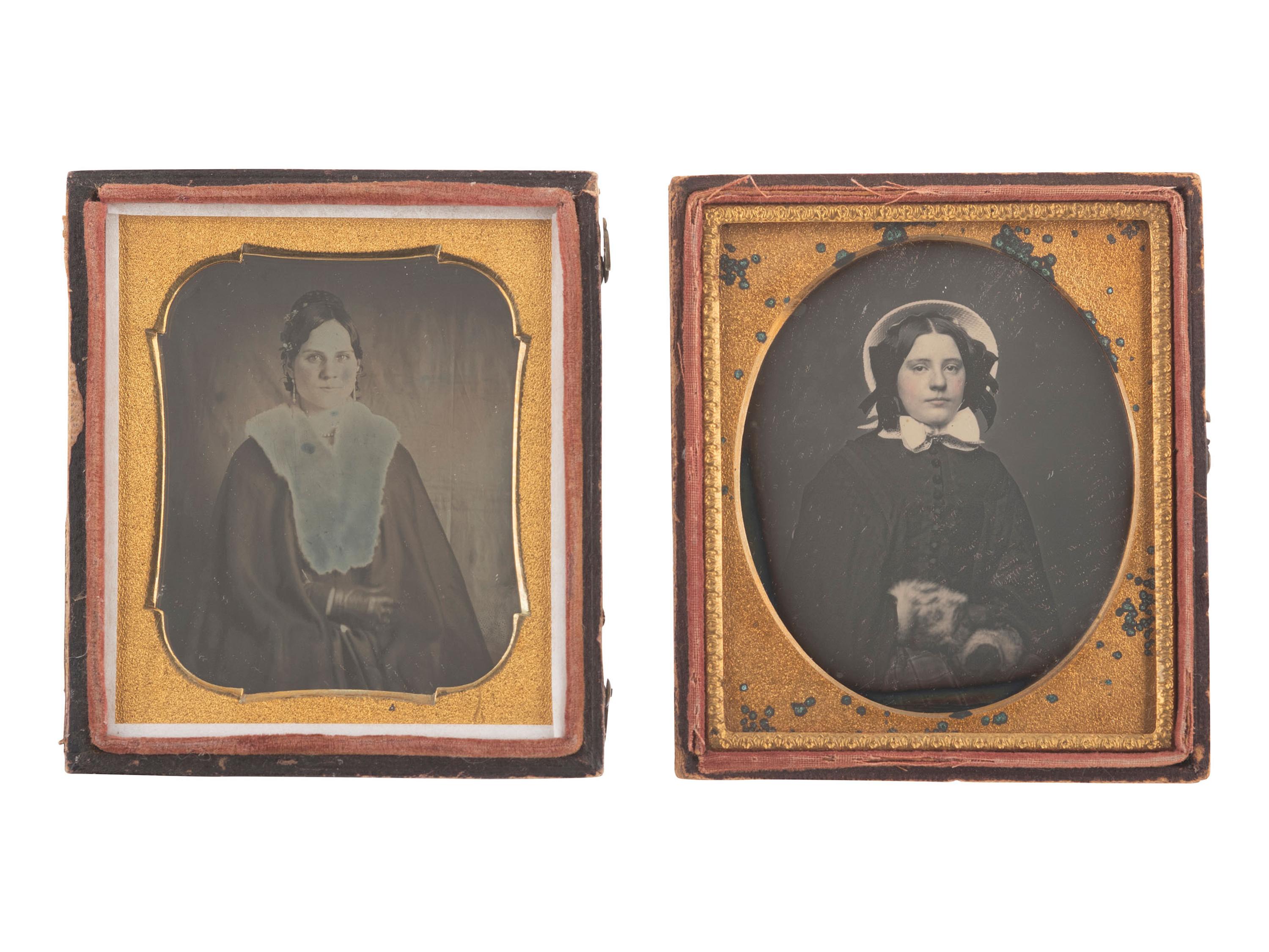 [EARLY PHOTOGRAPHY]. 6 sixth plate daguerreotypes of women wearing fur garments or accessories.