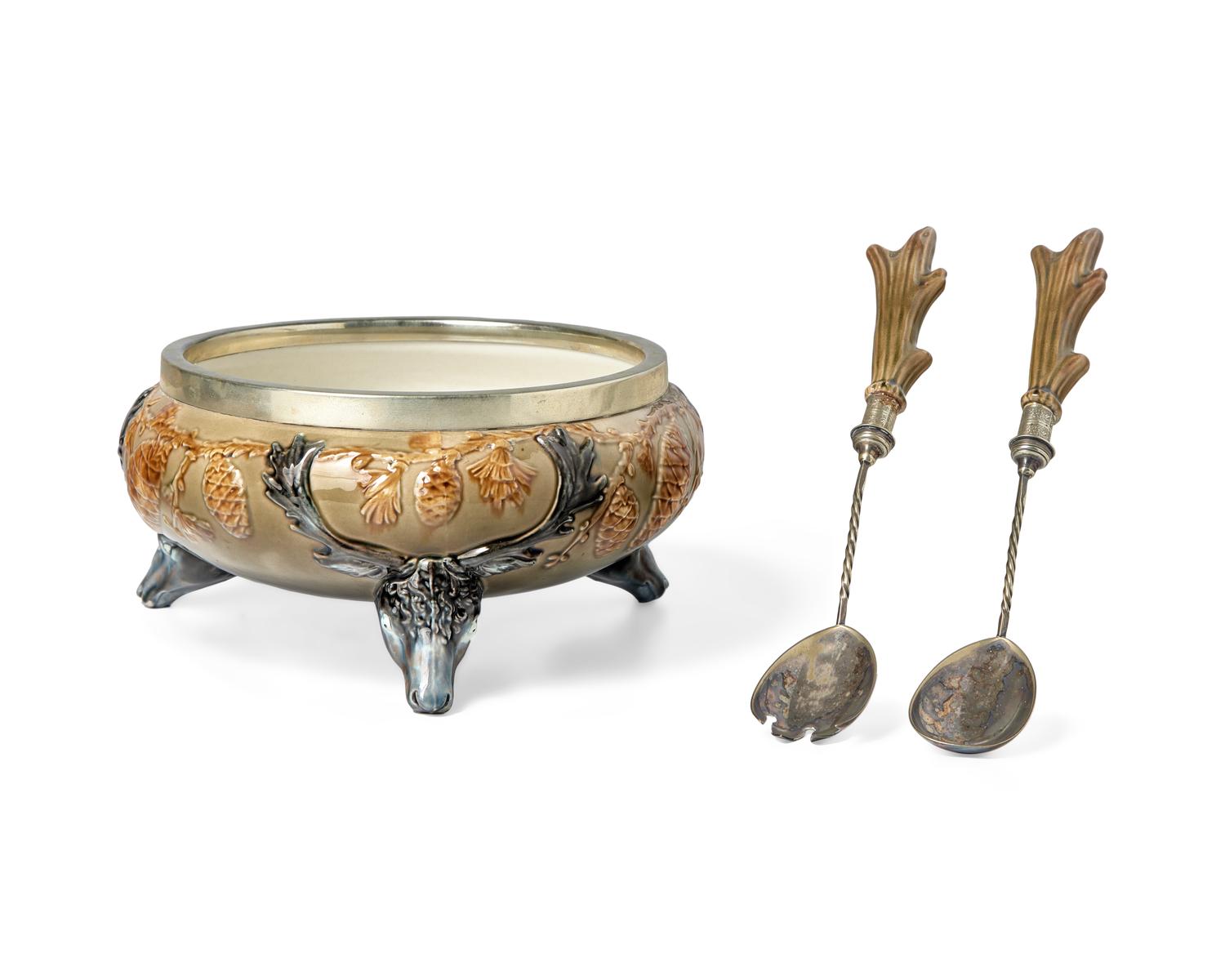 A Wedgwood Silver-Mounted Majolica Stags' Head Salad Bowl and Serving Spoons