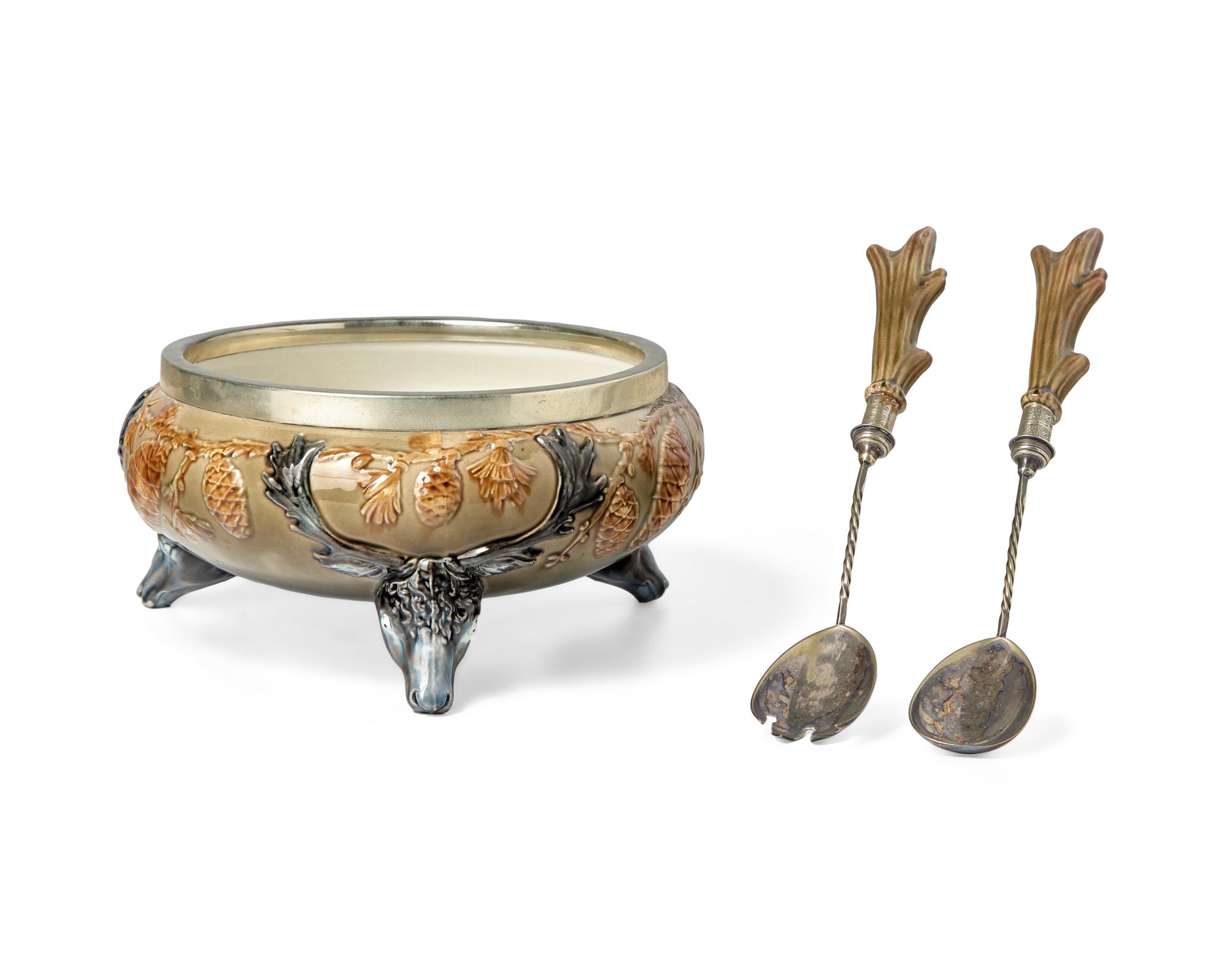 A Wedgwood Silver-Mounted Majolica Stags' Head Salad Bowl and Serving Spoons