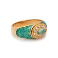 GREEN BERYL, DIAMOND AND ENAMEL RING