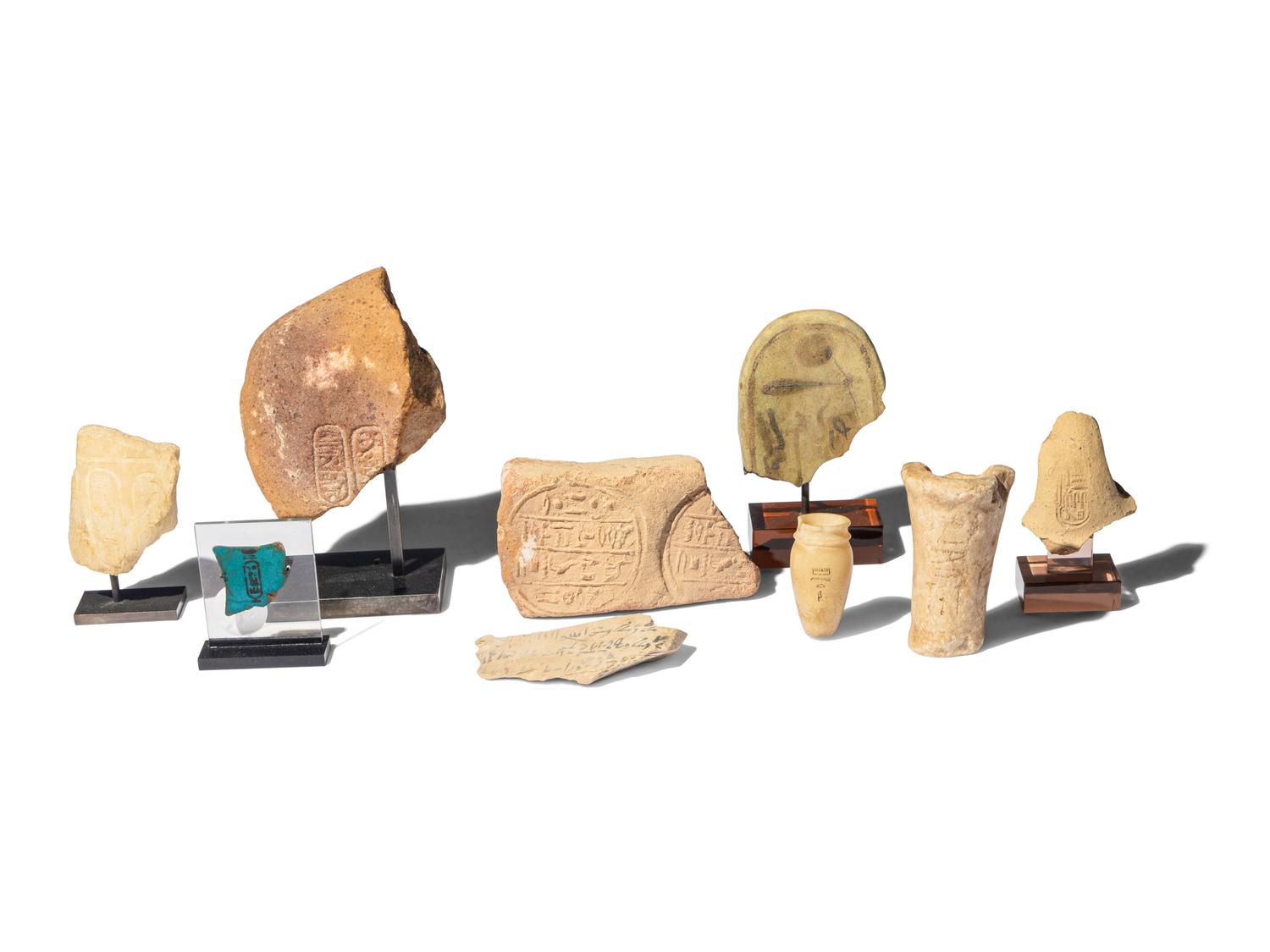 Nine Egyptian Stone Vessels and Fragments with Hieroglyphs and Script