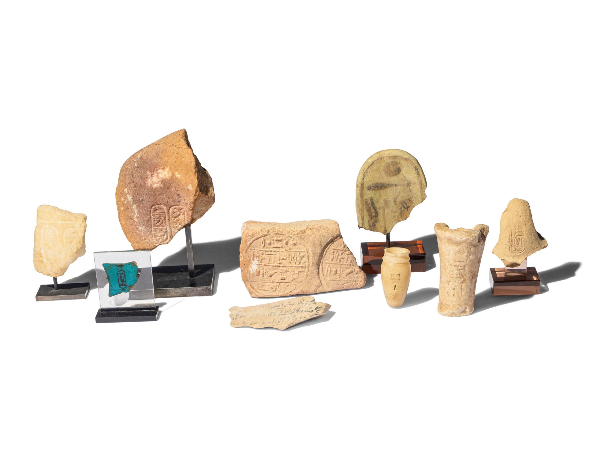 Nine Egyptian Stone Vessels and Fragments with Hieroglyphs and Script