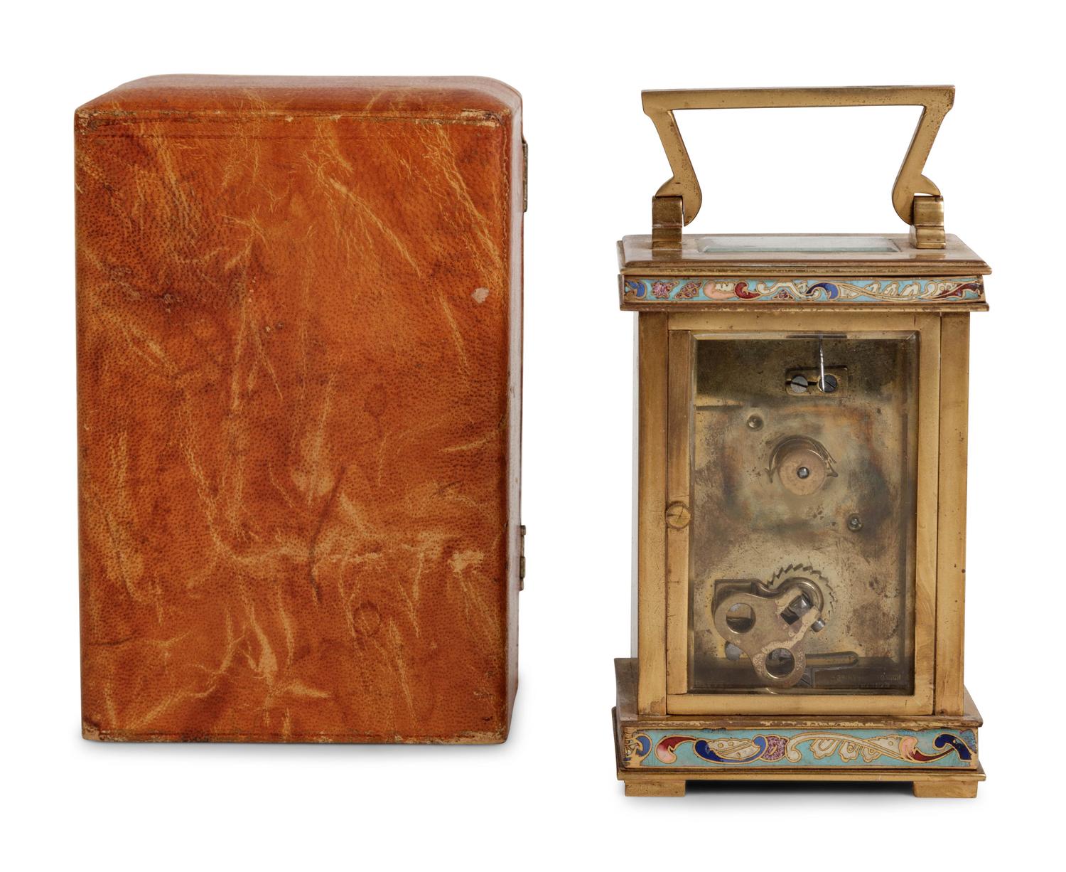 A French Champlevé Enamel Cased Carriage Clock Retailed by Cowell & Hubbard