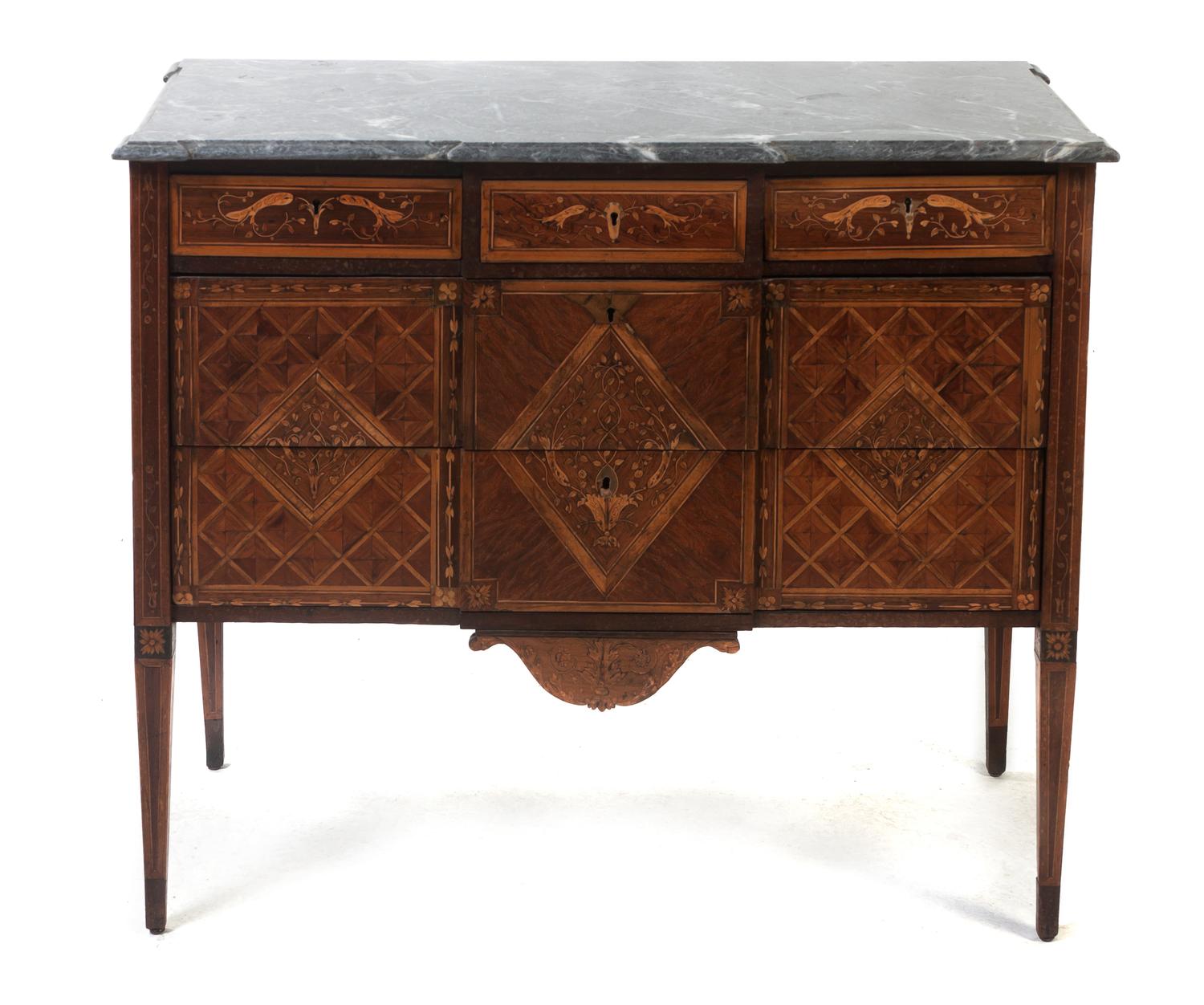 A Louis XVI Style Marquetry and Parquetry Commode, Height 34 x width 40 x depth 18 inches.