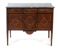 A Louis XVI Style Marquetry and Parquetry Commode, Height 34 x width 40 x depth 18 inches.