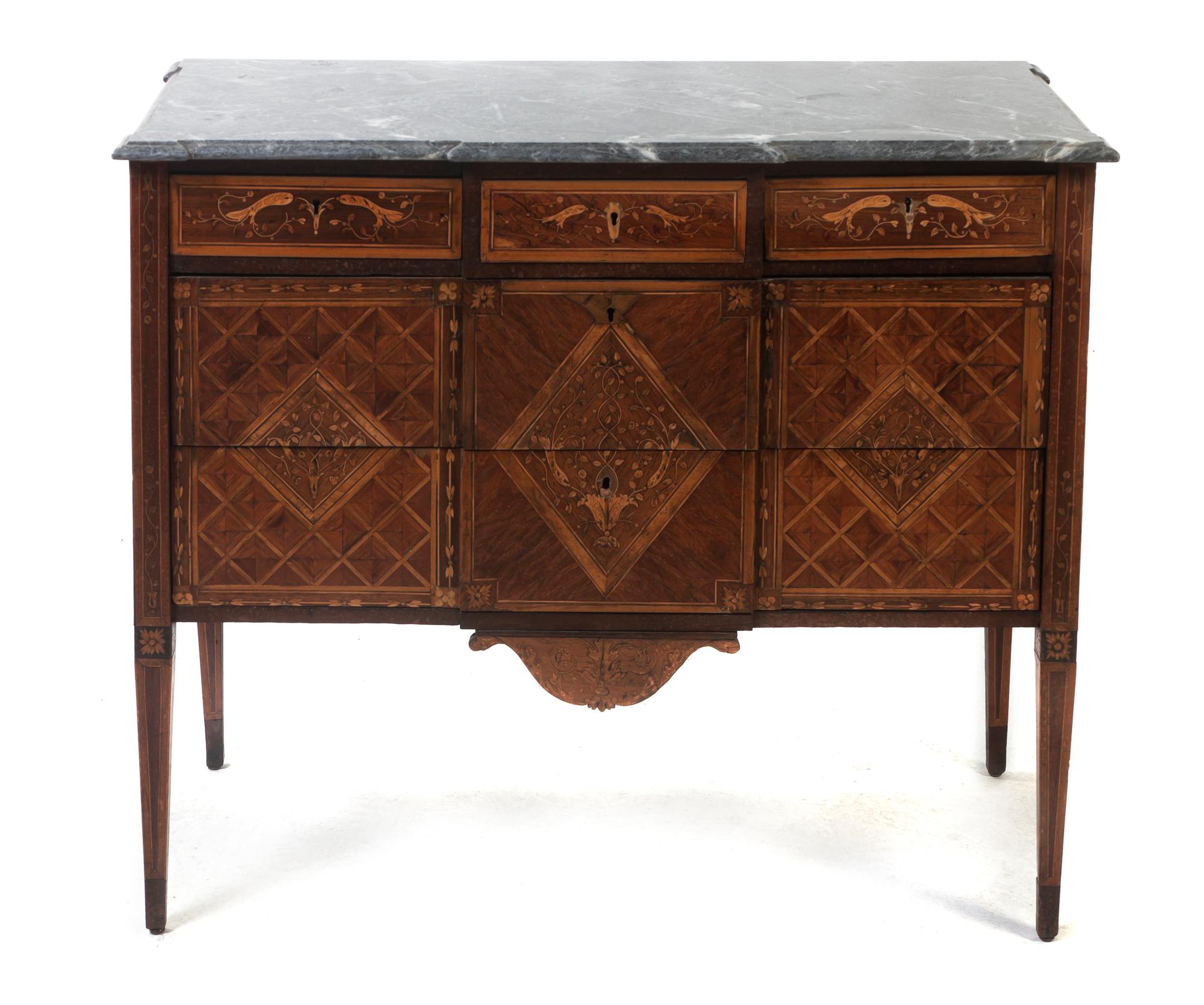 A Louis XVI Style Marquetry and Parquetry Commode, Height 34 x width 40 x depth 18 inches.